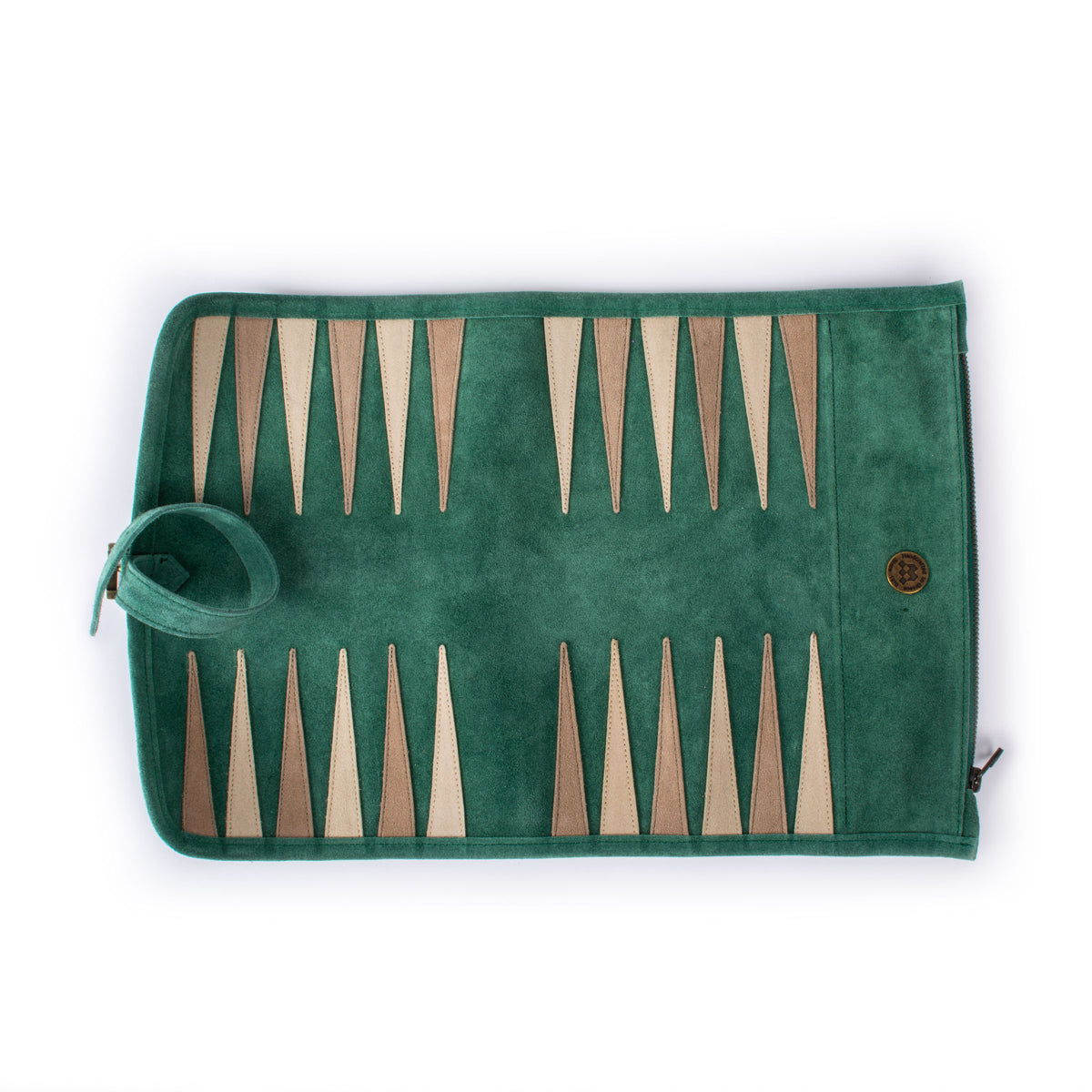 Forest green suede roll up backgammon board with tan playing points and leather cup, showcasing handcrafted Greek craftsmanship by MANOPOULOS Chess and Backgammon
