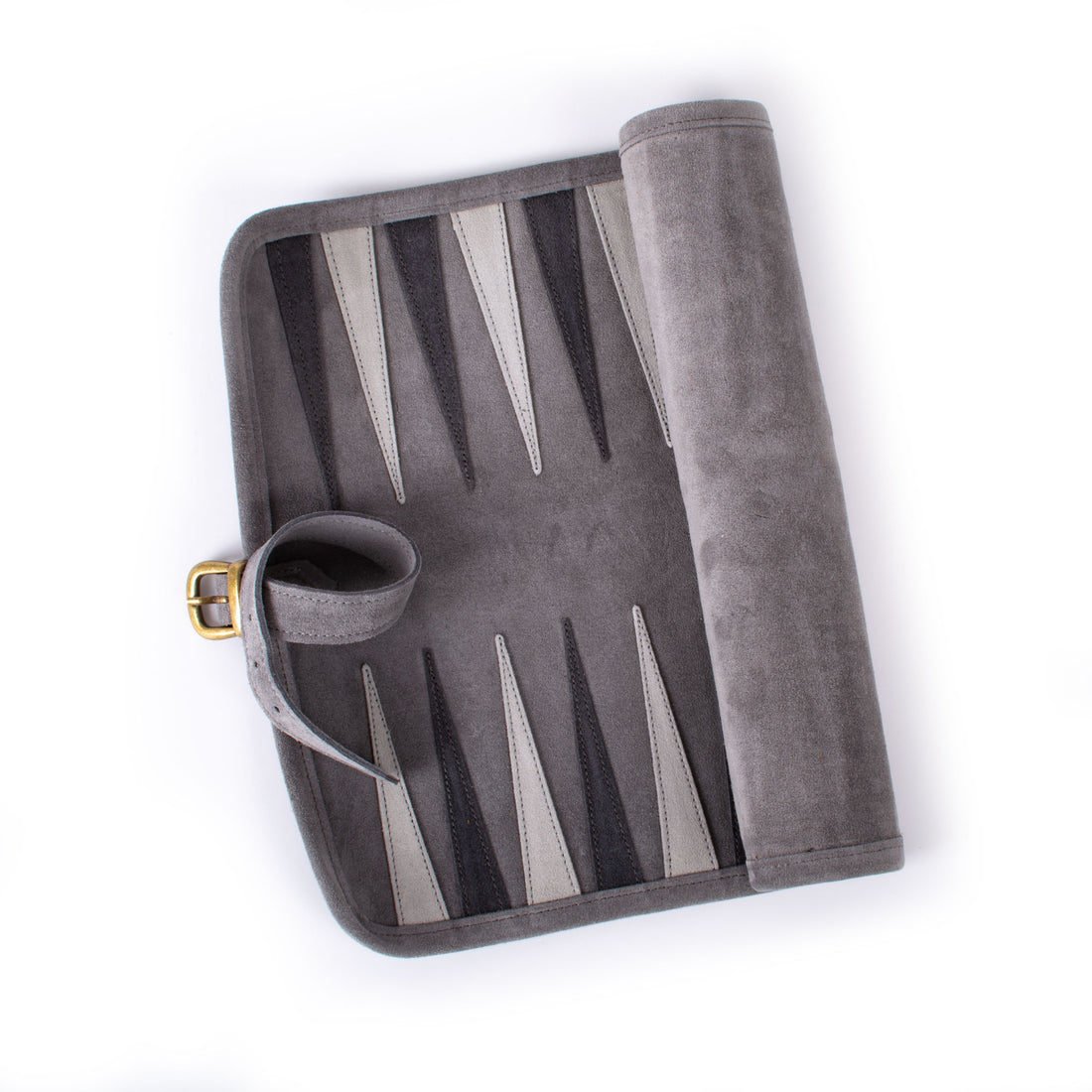 Open grey suede roll up backgammon set with stitched playing points and attached dice cup by Manopoulos Chess and Backgammon handcrafted in Greece