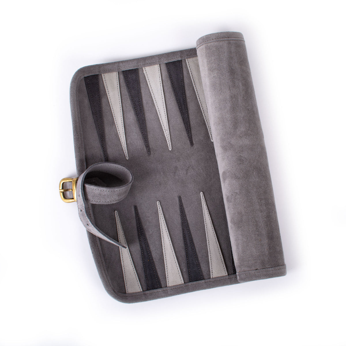 Open grey suede roll up backgammon set with stitched playing points and attached dice cup by Manopoulos Chess and Backgammon handcrafted in Greece
