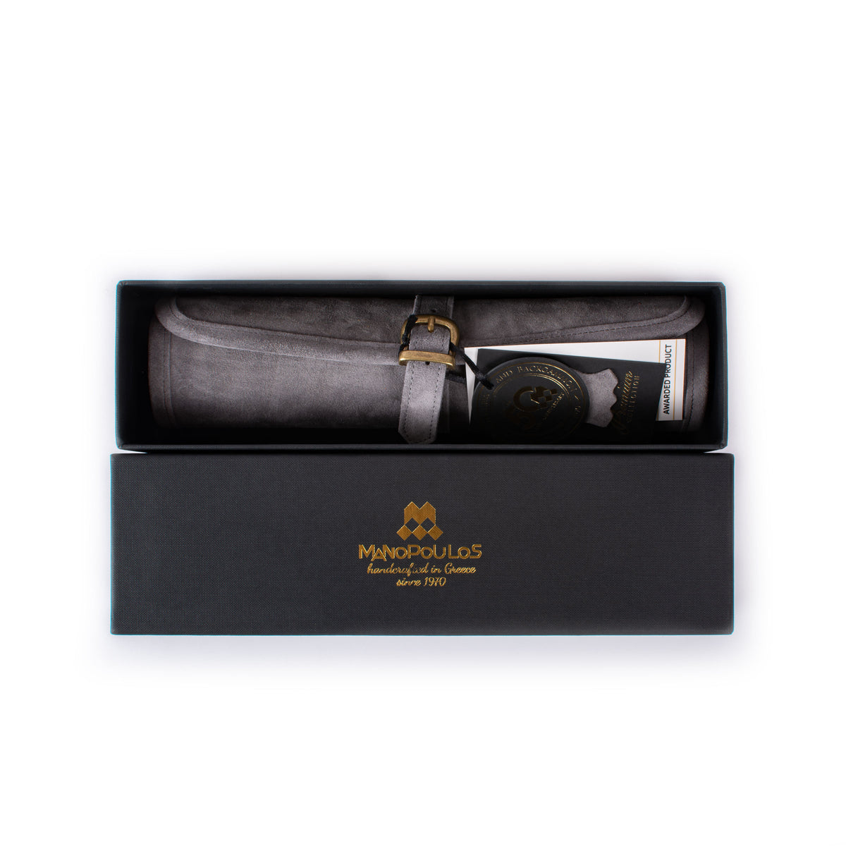 Grey suede roll up backgammon set in an elegant presentation box by MANOPOULOS Chess and Backgammon showcasing Greek craftsmanship and timeless luxury design