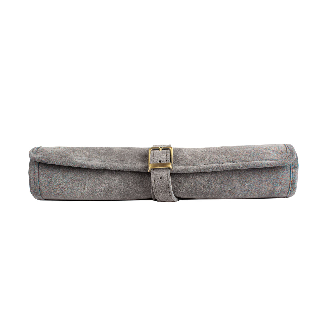 Open grey suede roll up backgammon set with stitched playing points and attached dice cup by Manopoulos Chess and Backgammon handcrafted in Greece