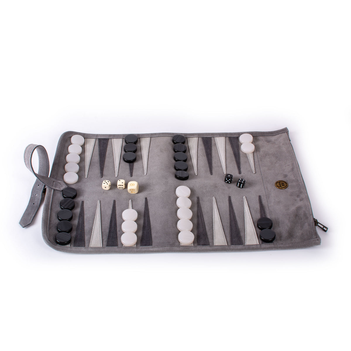 Open grey suede roll up backgammon set with black and ivory pieces dice and playing board by Manopoulos Chess and Backgammon Greek craftsmanship and luxury design