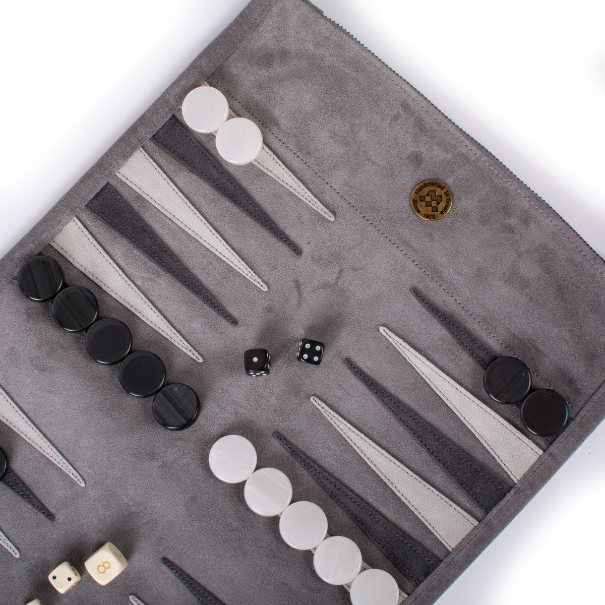 Grey suede roll up backgammon set with black and ivory checkers dice and stitched playing points by MANOPOULOS Chess and Backgammon