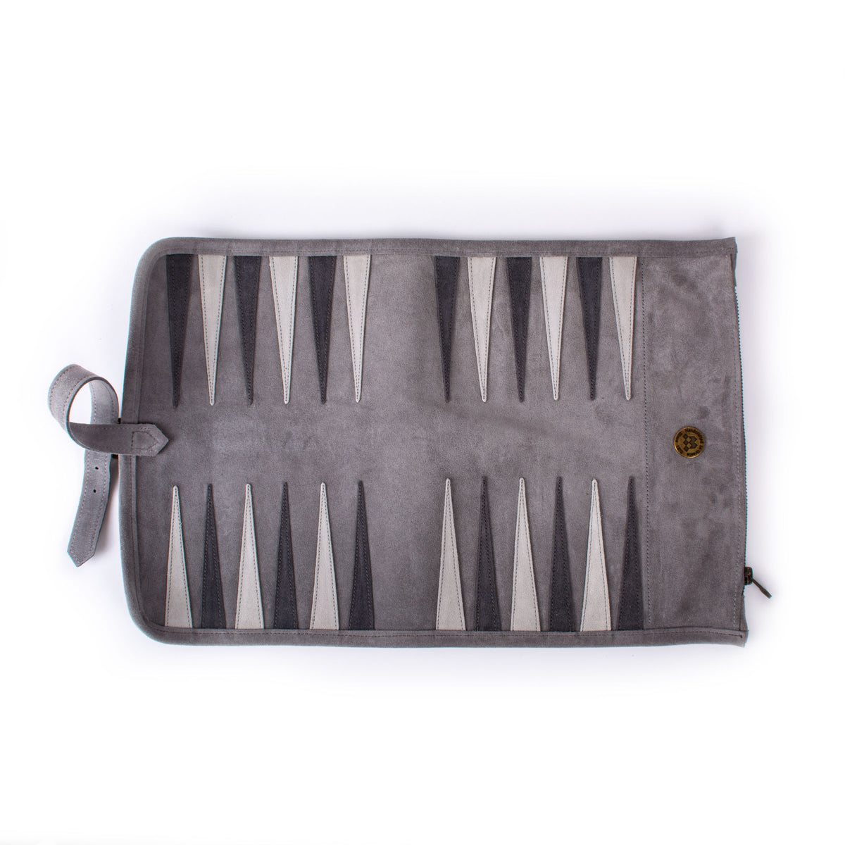 Open grey suede roll up backgammon board with contrasting points and leather strap by MANOPOULOS Chess and Backgammon, showcasing Greek artisan craftsmanship and luxury design