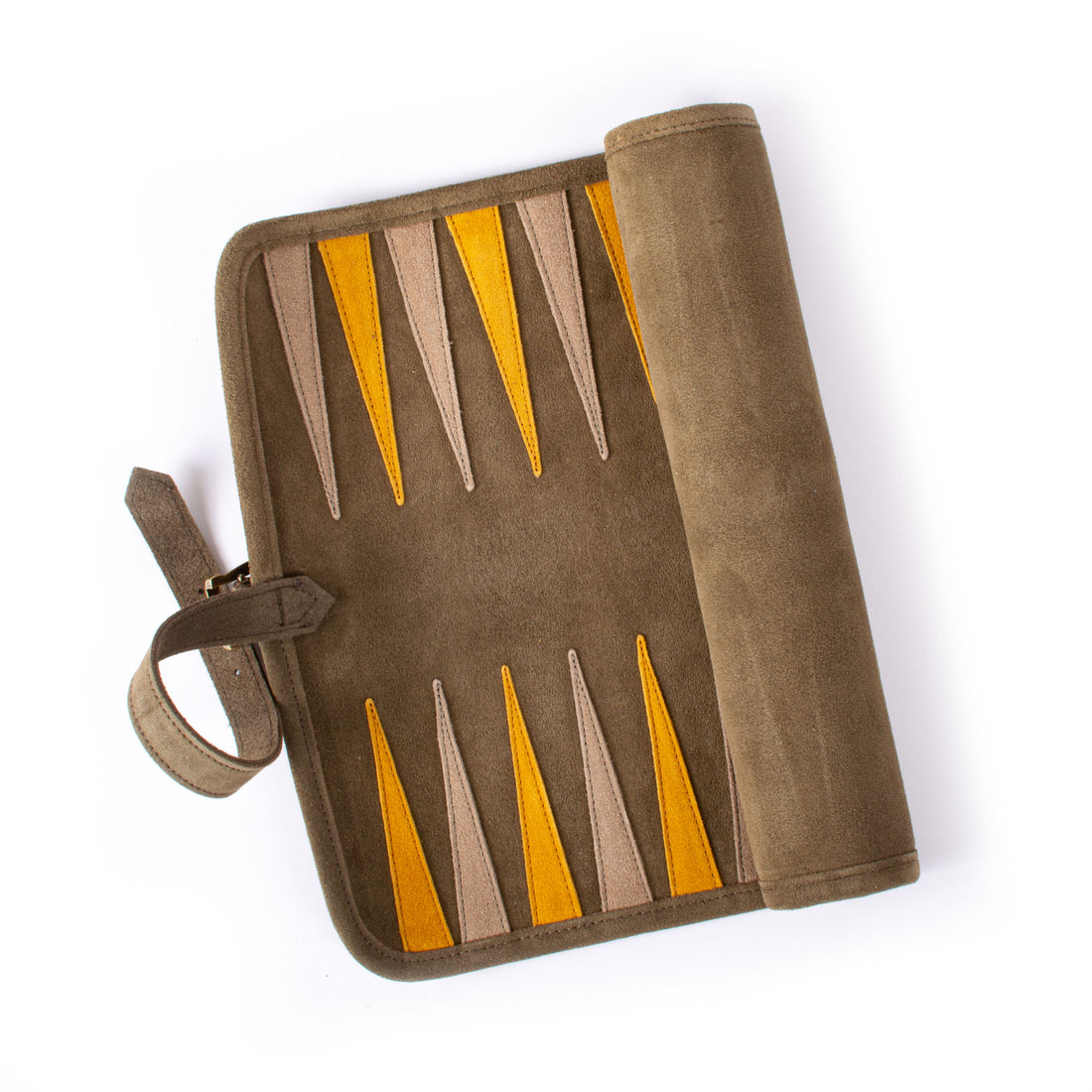 Khaki brown suede roll up backgammon set with golden and beige playing points by MANOPOULOS Chess & Backgammon showcasing Greek craftsmanship