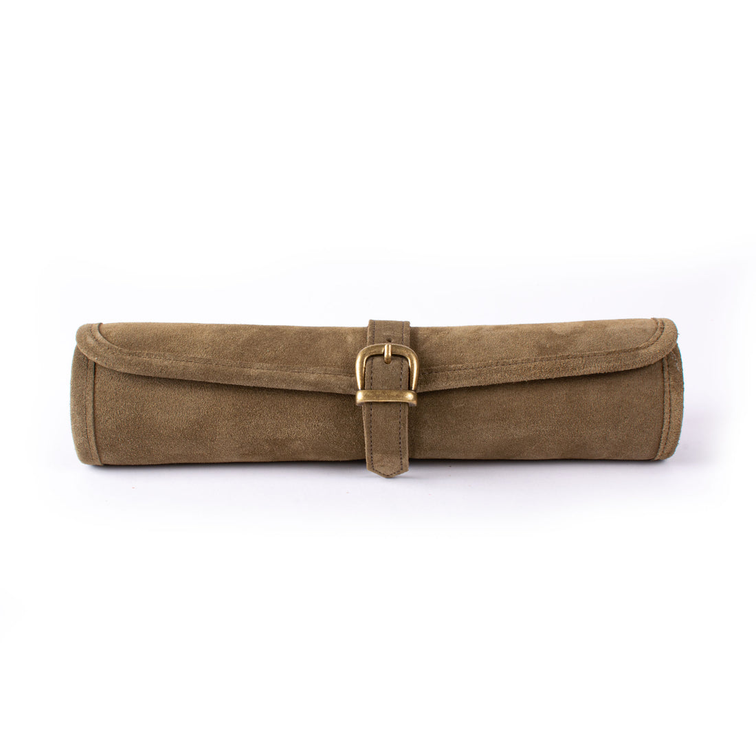 Khaki brown suede roll up backgammon set with golden and beige playing points by MANOPOULOS Chess & Backgammon showcasing Greek craftsmanship