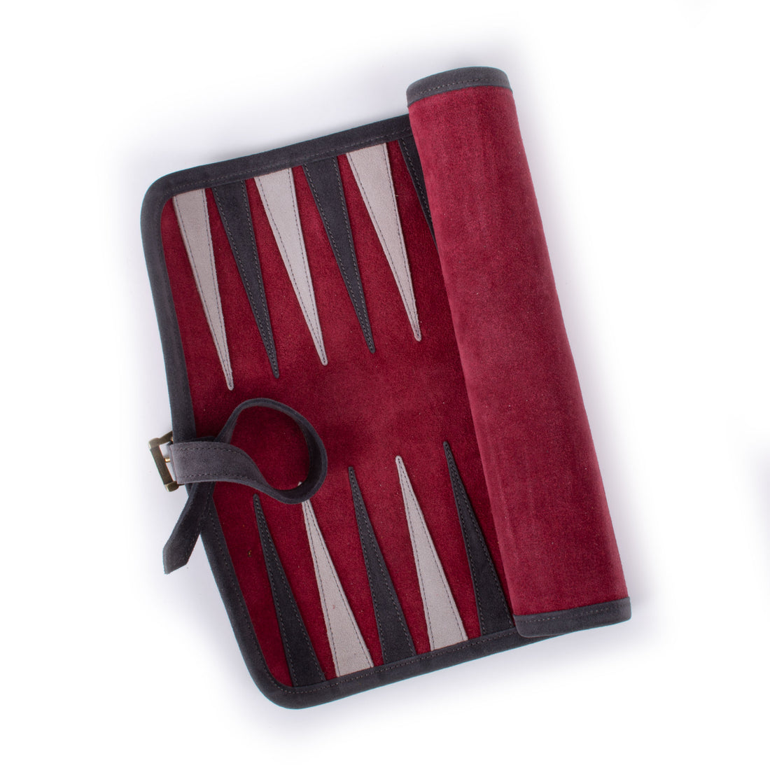 Burgundy red suede roll up backgammon set with black and ivory points and leather strap by MANOPOULOS Chess and Backgammon handcrafted in Greece
