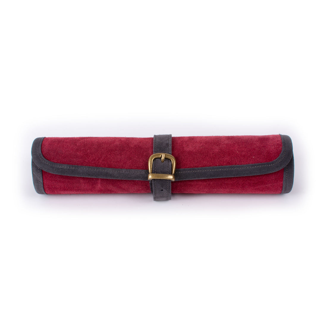 Burgundy red suede roll up backgammon set with black and ivory points and leather strap by MANOPOULOS Chess and Backgammon handcrafted in Greece