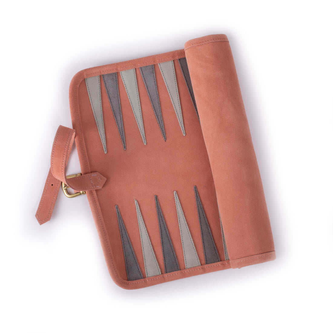 Salmon suede roll up backgammon board with elegant stitched details and leather carry strap by MANOPOULOS Chess and Backgammon handcrafted in Greece