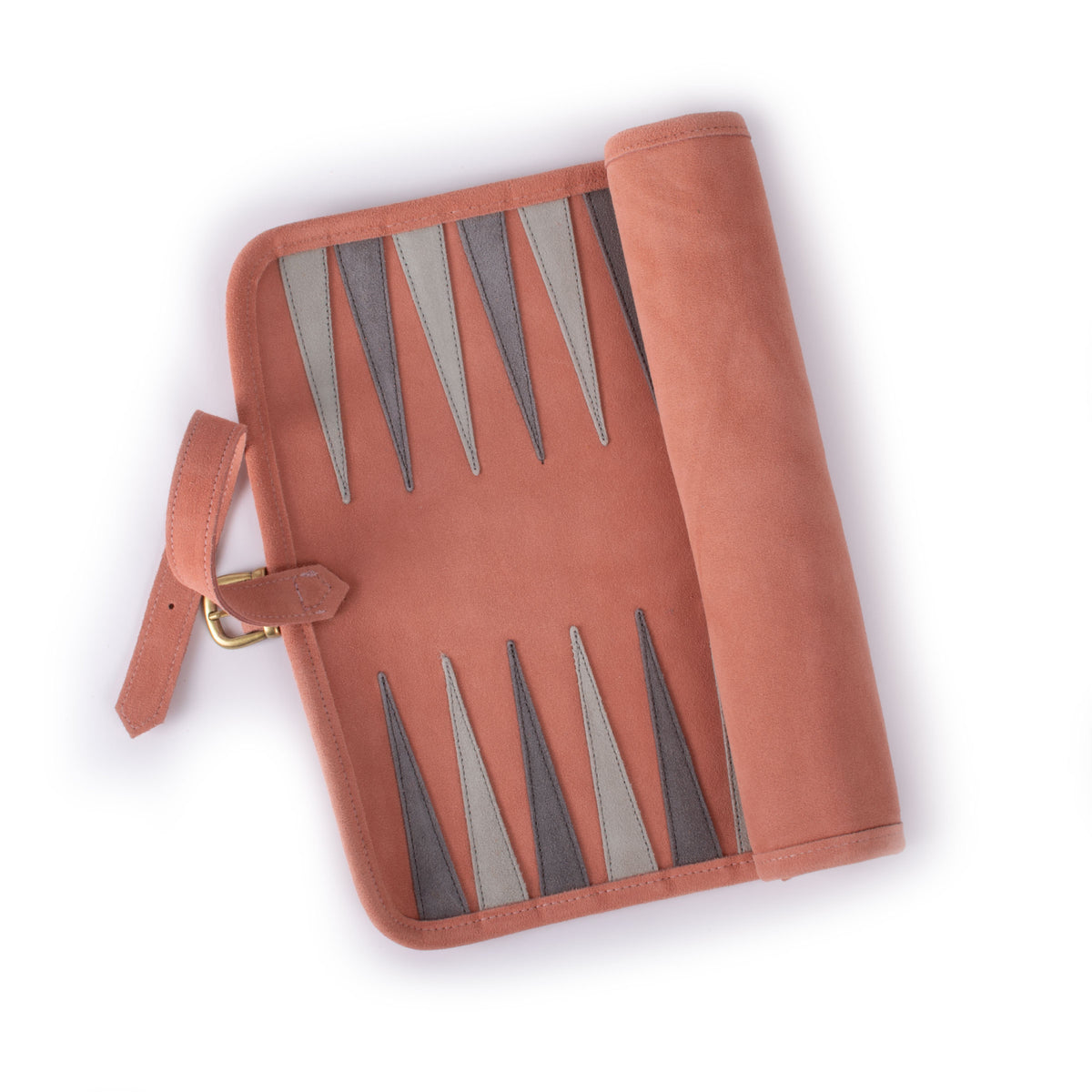 Salmon suede roll up backgammon board with elegant stitched details and leather carry strap by MANOPOULOS Chess and Backgammon handcrafted in Greece
