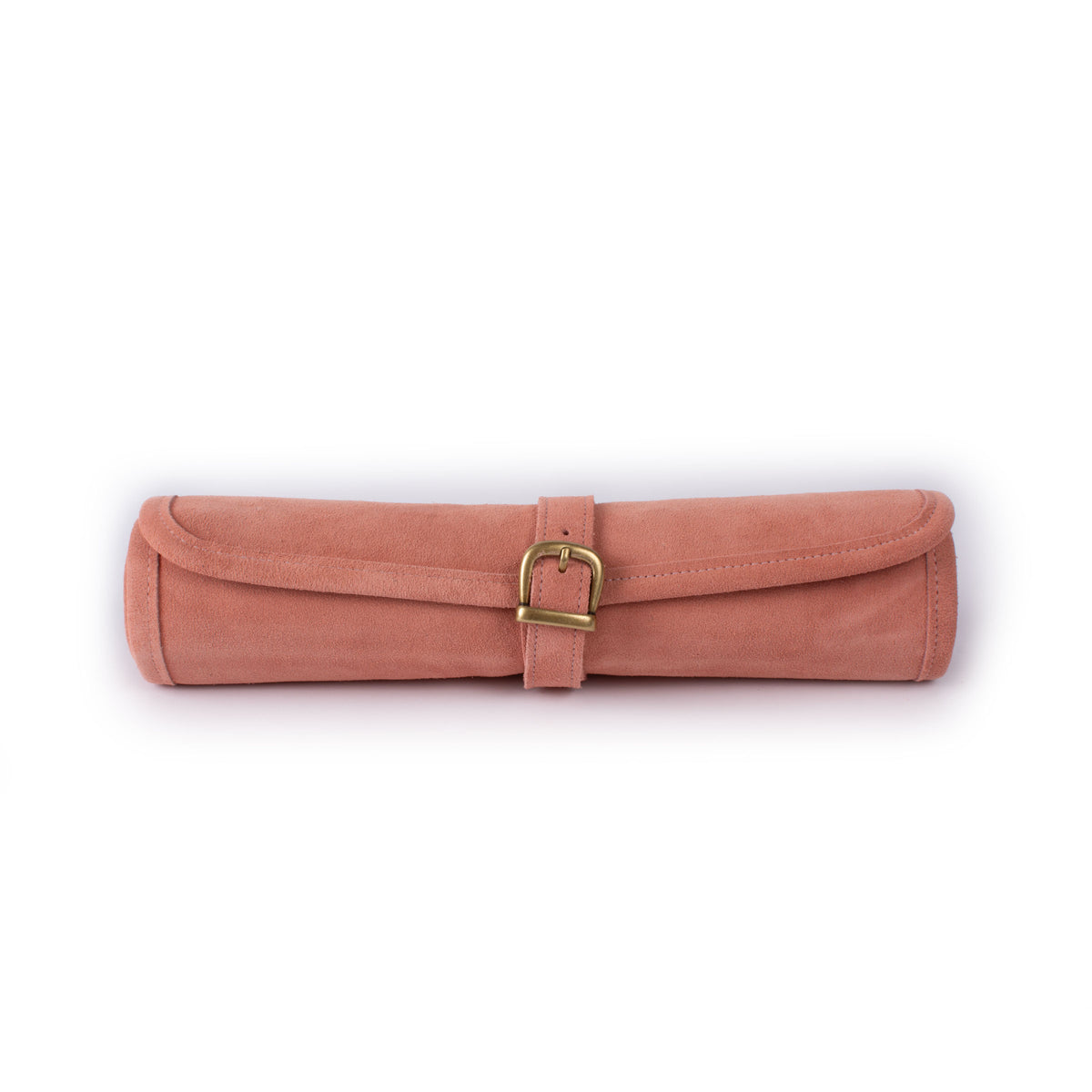 Salmon suede roll up backgammon set secured with a leather buckle by MANOPOULOS Chess and Backgammon handcrafted in Greece