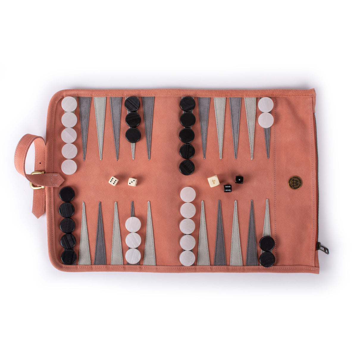 Salmon suede roll up backgammon set with black and ivory checkers and dice by MANOPOULOS Chess and Backgammon handcrafted in Greece for elegant travel play
