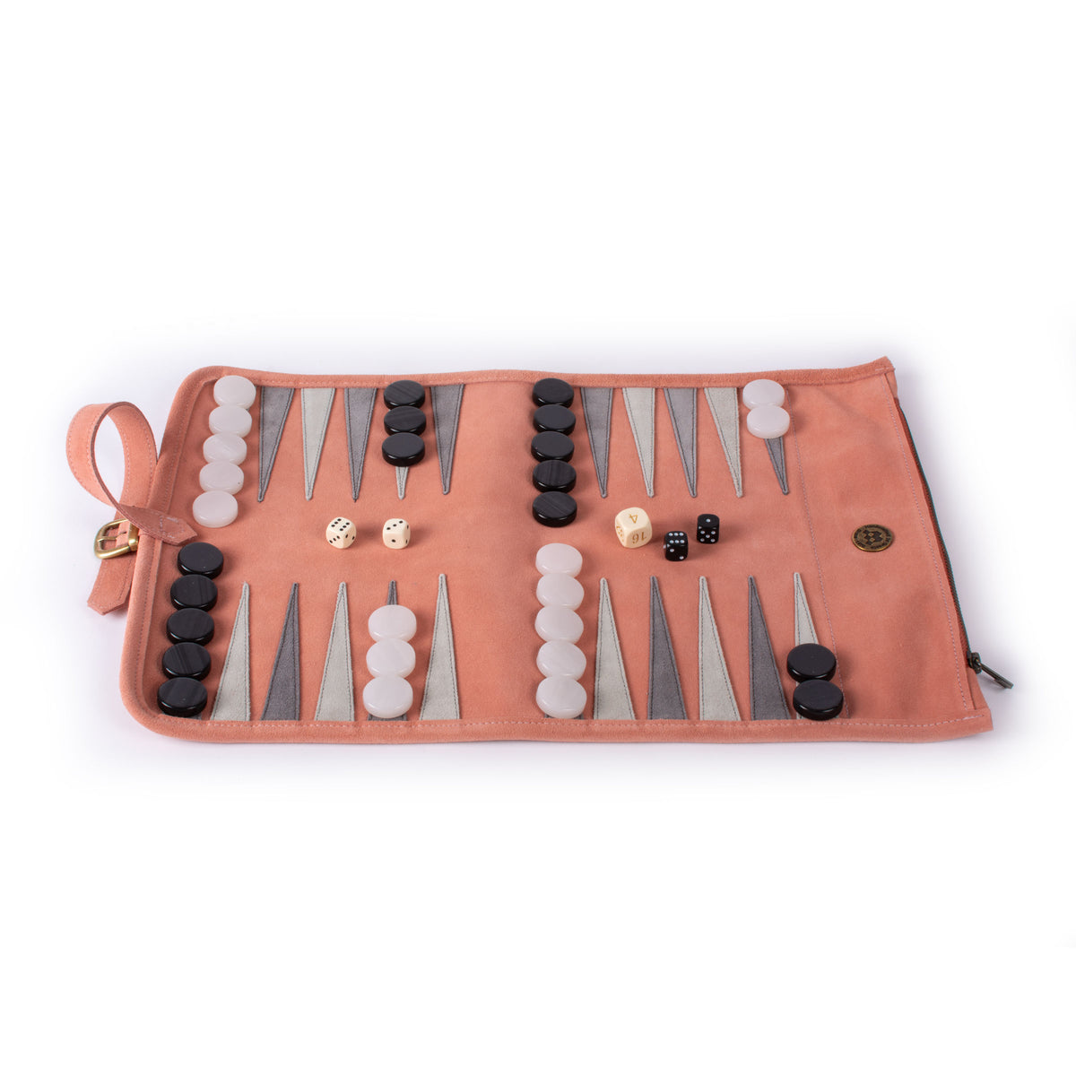 Open salmon suede roll up backgammon set with black and white checkers and dice by MANOPOULOS Chess and Backgammon showcasing Greek craftsmanship and luxury design