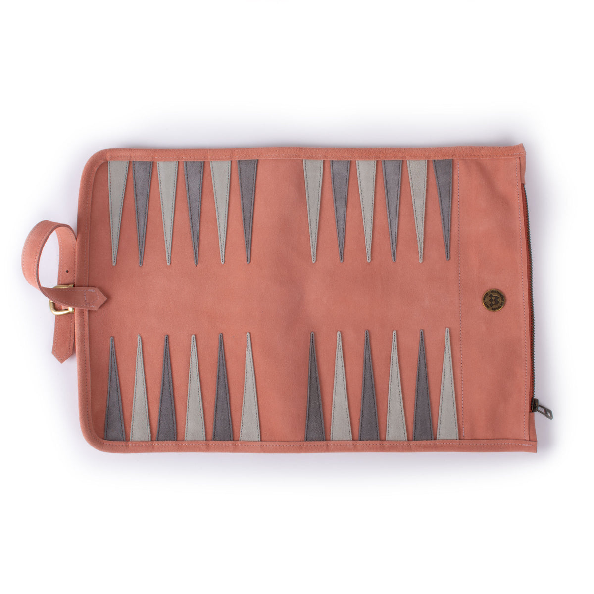 Salmon suede roll-up backgammon board with grey playing points and carrying strap by Manopoulos Chess and Backgammon handcrafted in Greece