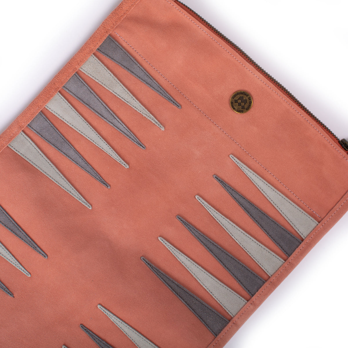 Salmon suede roll up backgammon board with contrasting gray and cream points and zippered edges by MANOPOULOS Chess and Backgammon