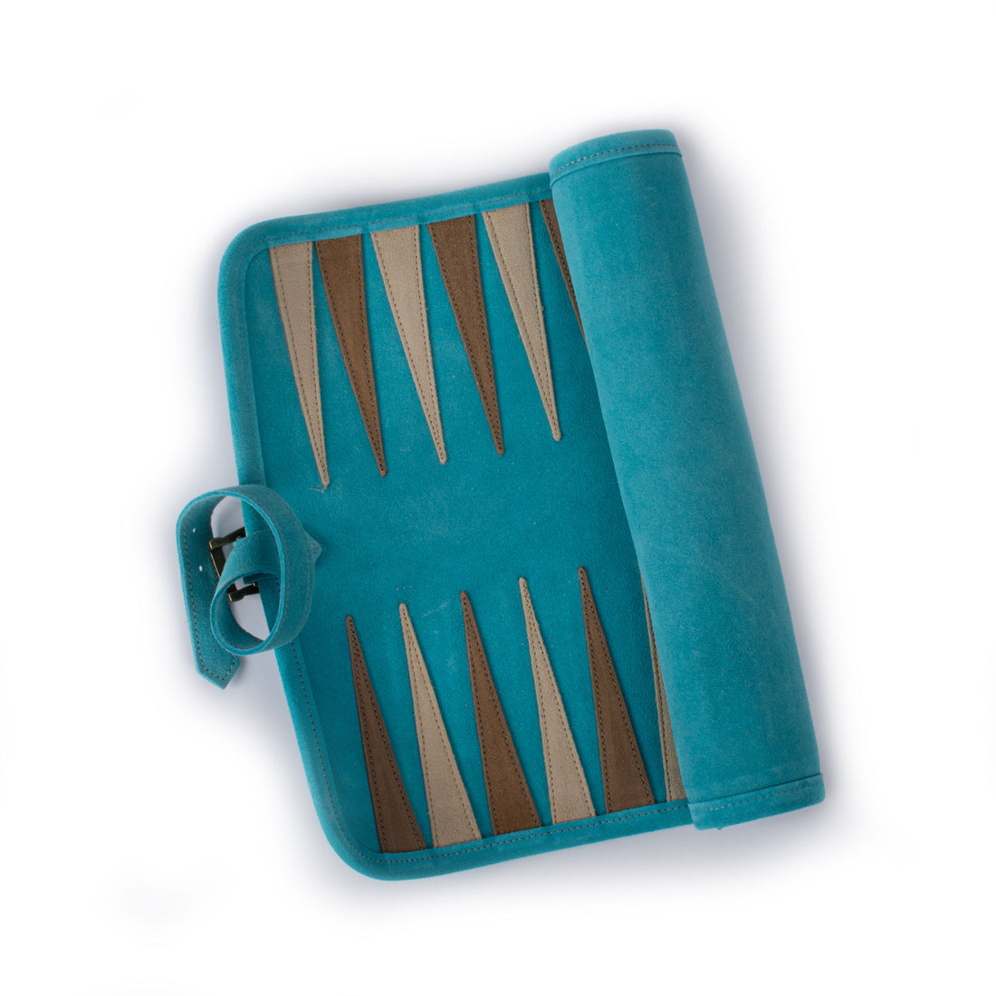 Turquoise suede roll up backgammon set with brown and tan points and securing strap by MANOPOULOS Chess and Backgammon handcrafted in Greece