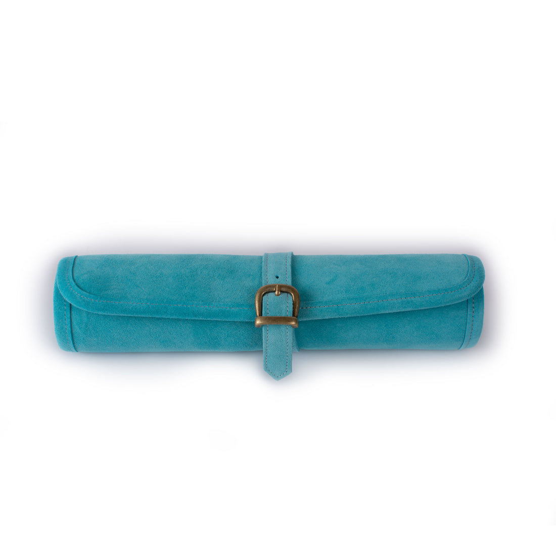 Turquoise suede roll up backgammon set with brown and tan points and securing strap by MANOPOULOS Chess and Backgammon handcrafted in Greece