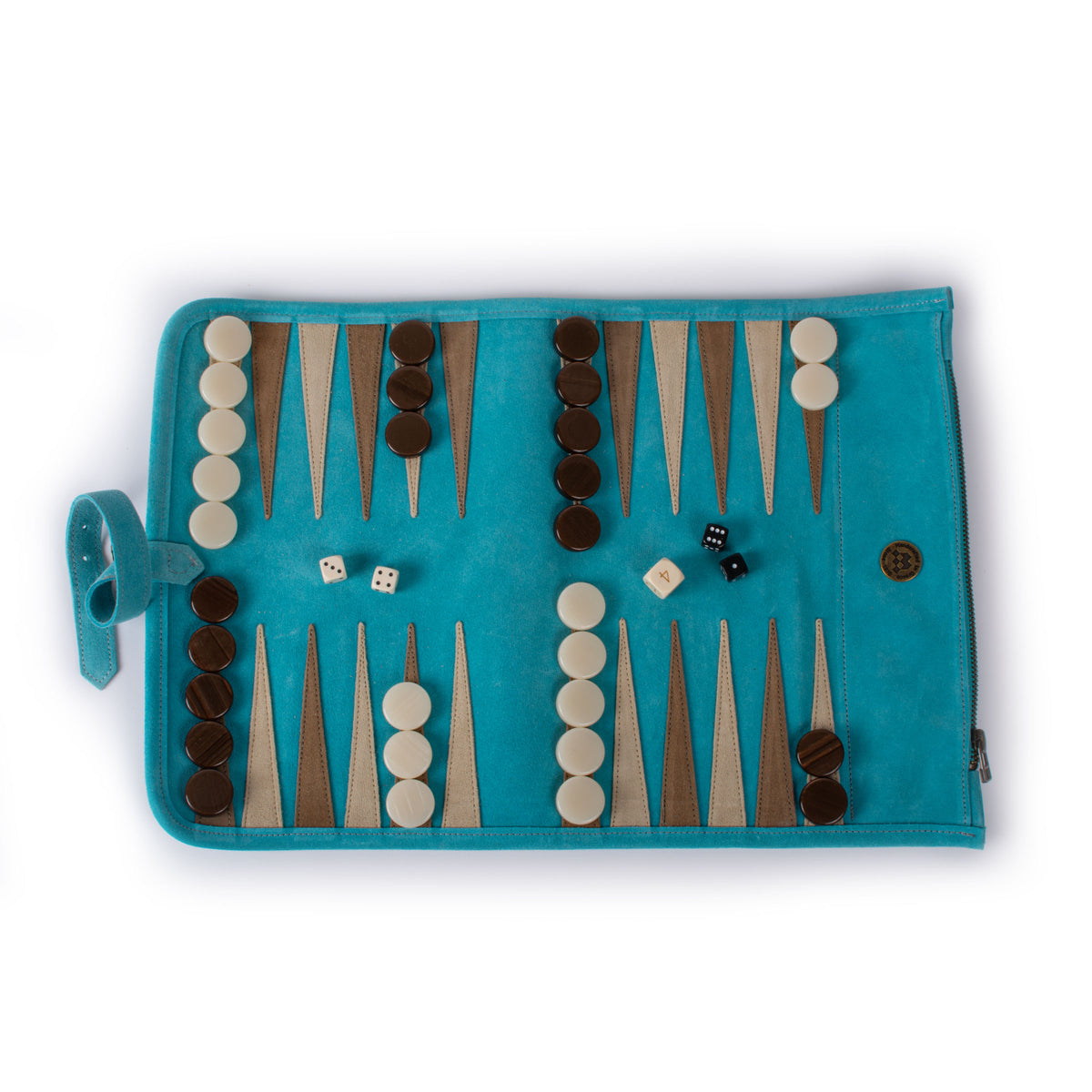 MANOPOULOS Chess and Backgammon handcrafted turquoise suede roll up backgammon set with wooden points, playing pieces and dice, made in Greece