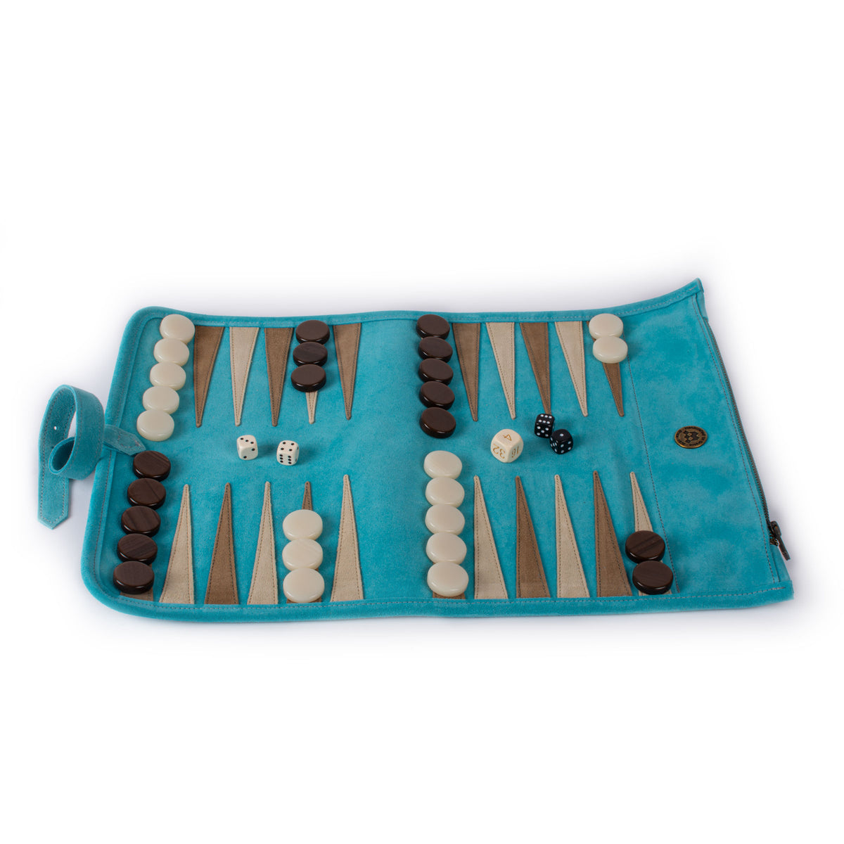Turquoise suede roll up backgammon set with cream and brown checkers dice and elegant detailing by Manopoulos for luxury tabletop play and display