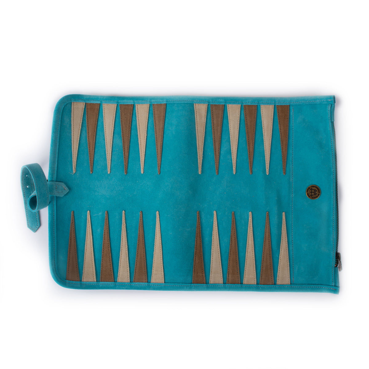 Turquoise suede roll up backgammon board with brown and tan points from Manopoulos Chess and Backgammon featuring handcrafted Greek craftsmanship and luxury design
