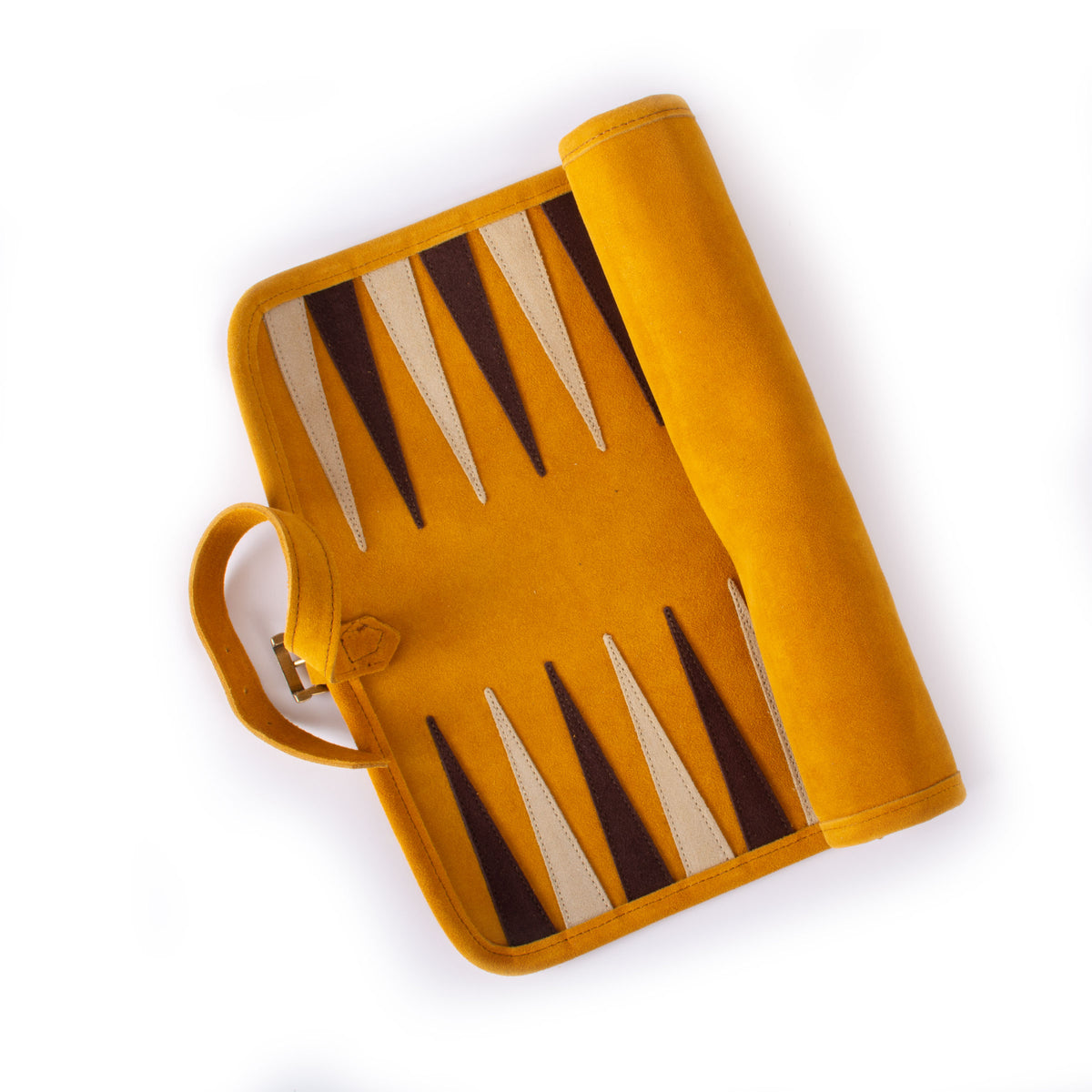 Open warm yellow suede roll up backgammon set with contrasting playing points and carry handle by MANOPOULOS Chess and Backgammon handcrafted in Greece