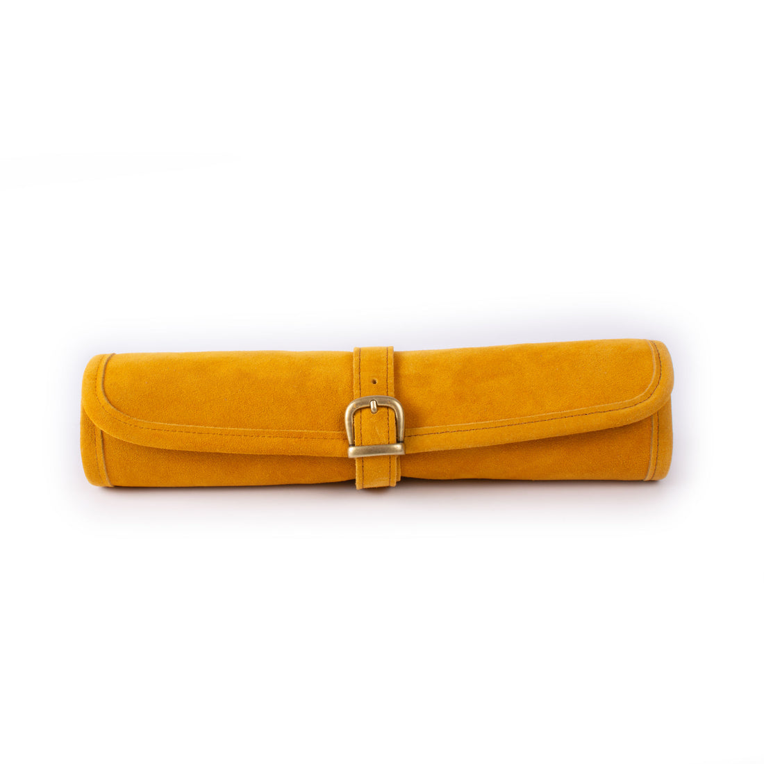 Open warm yellow suede roll up backgammon set with contrasting playing points and carry handle by MANOPOULOS Chess and Backgammon handcrafted in Greece