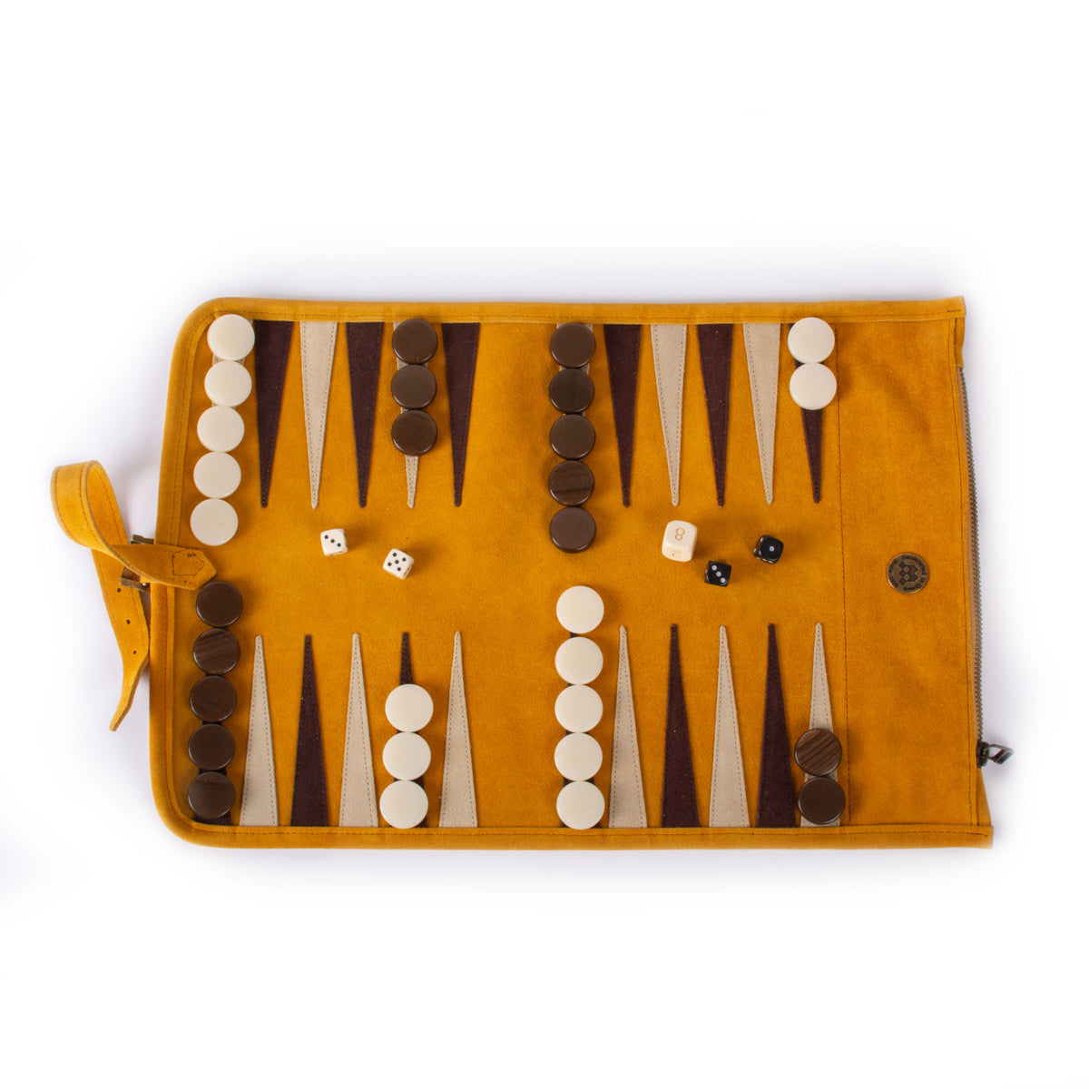 Open warm yellow suede roll up backgammon set with brown and ivory checkers, dice, and carry strap by MANOPOULOS Chess and Backgammon