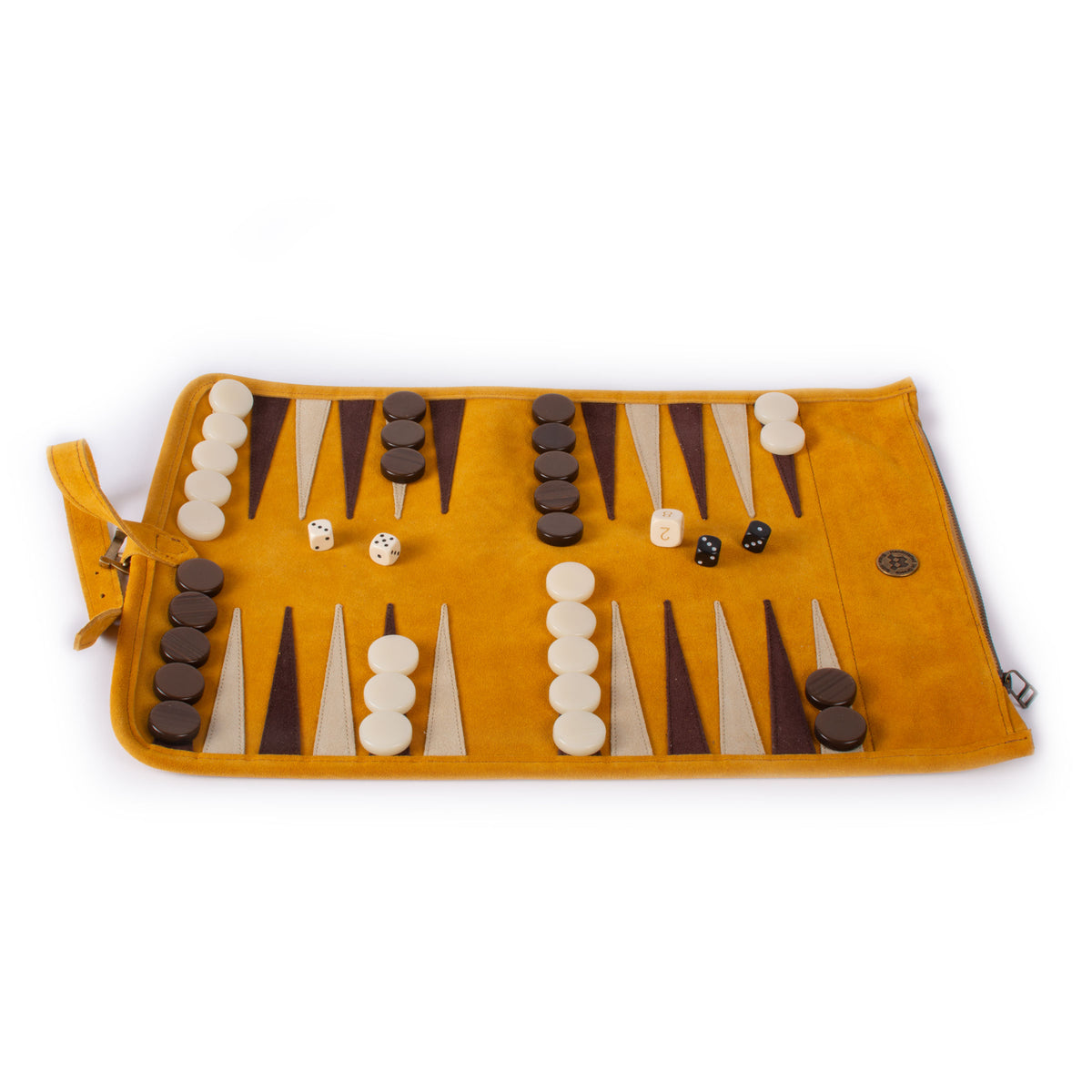 Open warm yellow suede roll up backgammon set with dark and ivory checkers and dice by MANOPOULOS Chess and Backgammon handcrafted in Greece