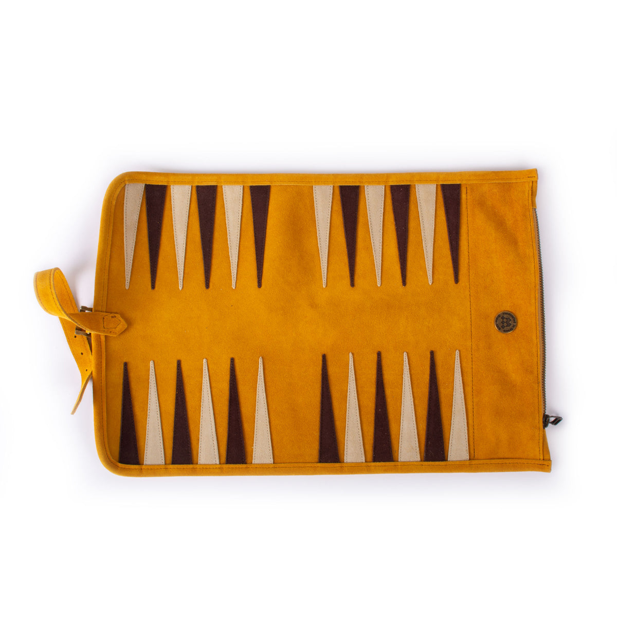 Warm yellow suede roll up backgammon board by MANOPOULOS Chess and Backgammon showcasing Greek craftsmanship and timeless artisan game design