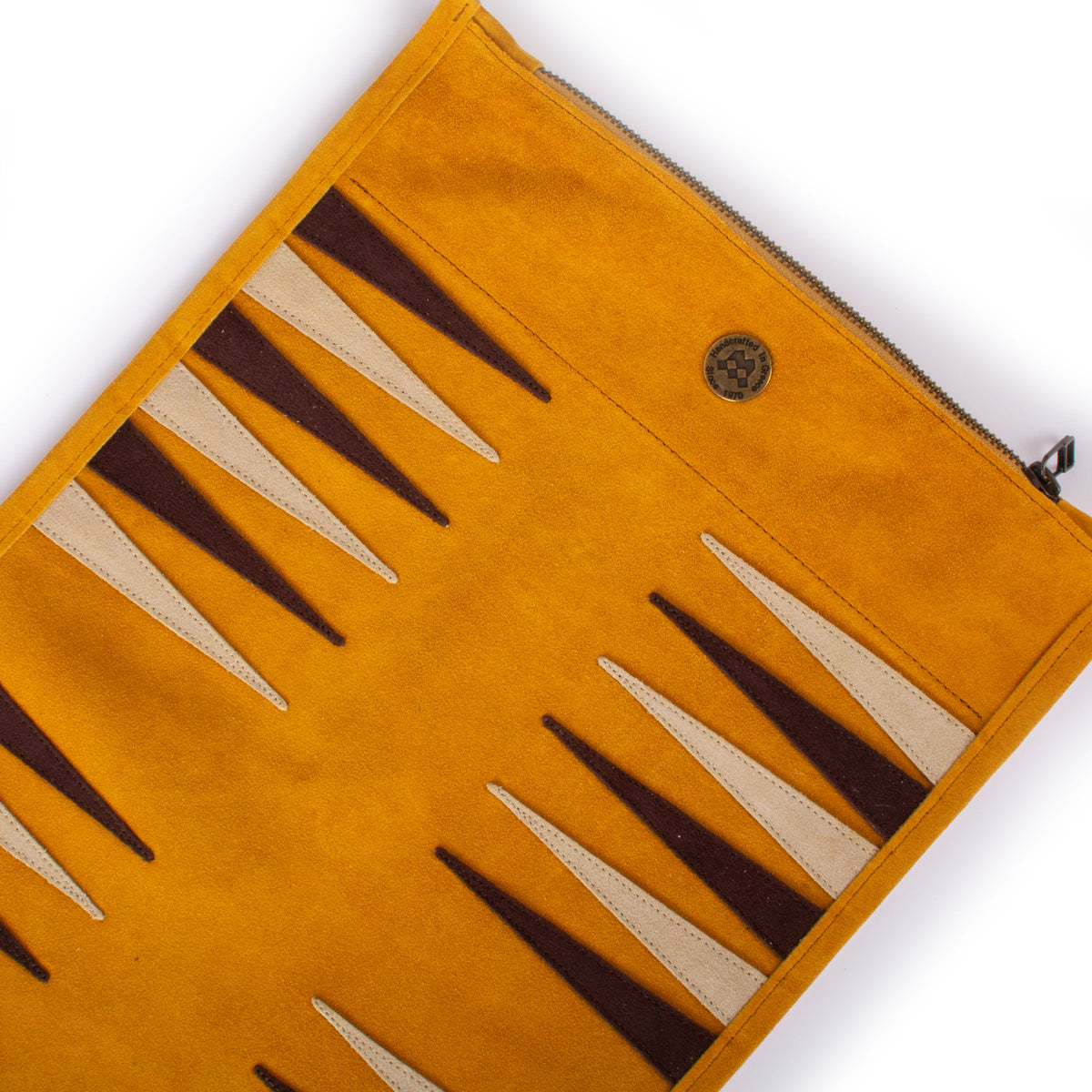Warm yellow suede roll up backgammon board with brown and cream points showcasing handcrafted Greek craftsmanship by MANOPOULOS Chess and Backgammon