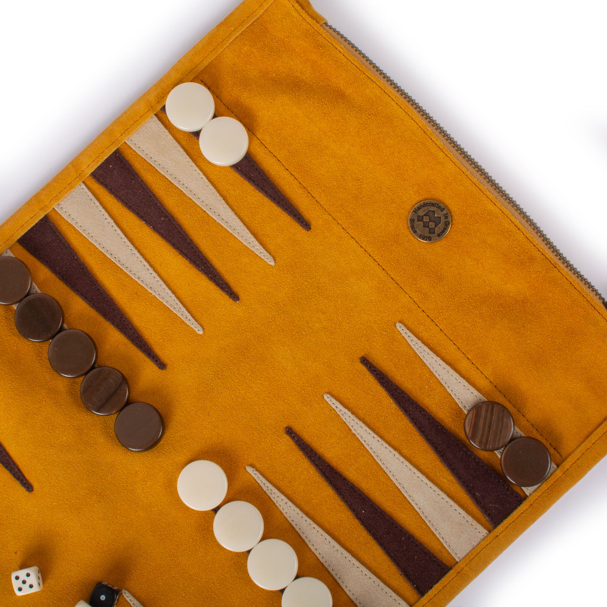 Warm yellow suede roll up backgammon set with brown and ivory checkers handcrafted in Greece by MANOPOULOS Chess and Backgammon for luxury game decor