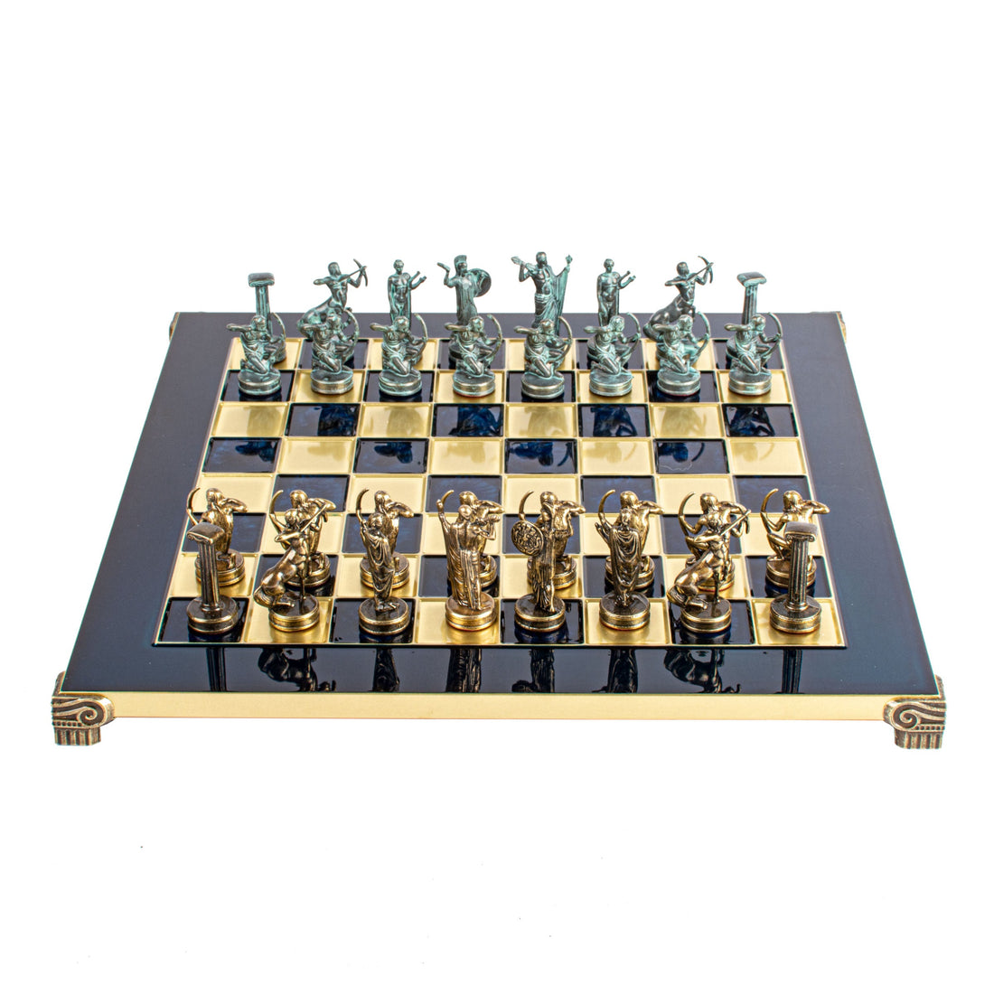 Handcrafted Labours of Hercules Chess Set - Blue & Brass Chessmen with Bronze Board (Medium) - Premium Chess from MANOPOULOS Chess & Backgammon - Just €222! Shop now at MANOPOULOS Chess & Backgammon