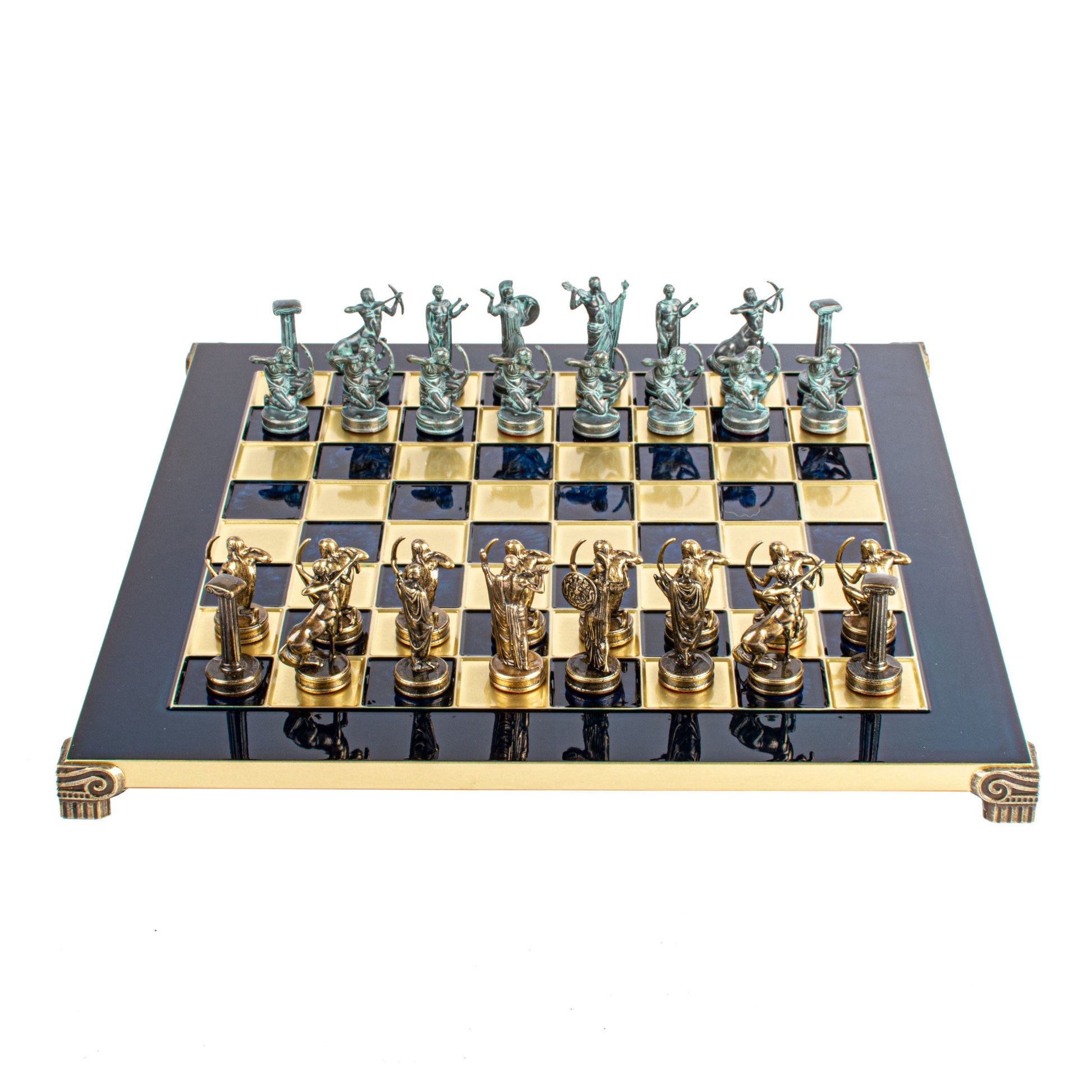 Handcrafted Labours of Hercules Chess Set - Blue & Brass Chessmen with Bronze Board (Medium) - Premium Chess from MANOPOULOS Chess & Backgammon - Just €222! Shop now at MANOPOULOS Chess & Backgammon