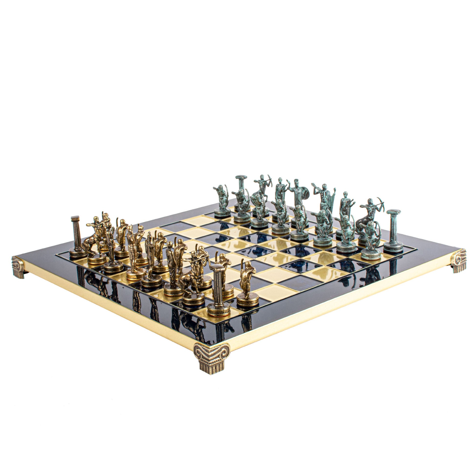 Handcrafted Labours of Hercules Chess Set - Blue & Brass Chessmen with Bronze Board (Medium) - Premium Chess from MANOPOULOS Chess & Backgammon - Just €222! Shop now at MANOPOULOS Chess & Backgammon