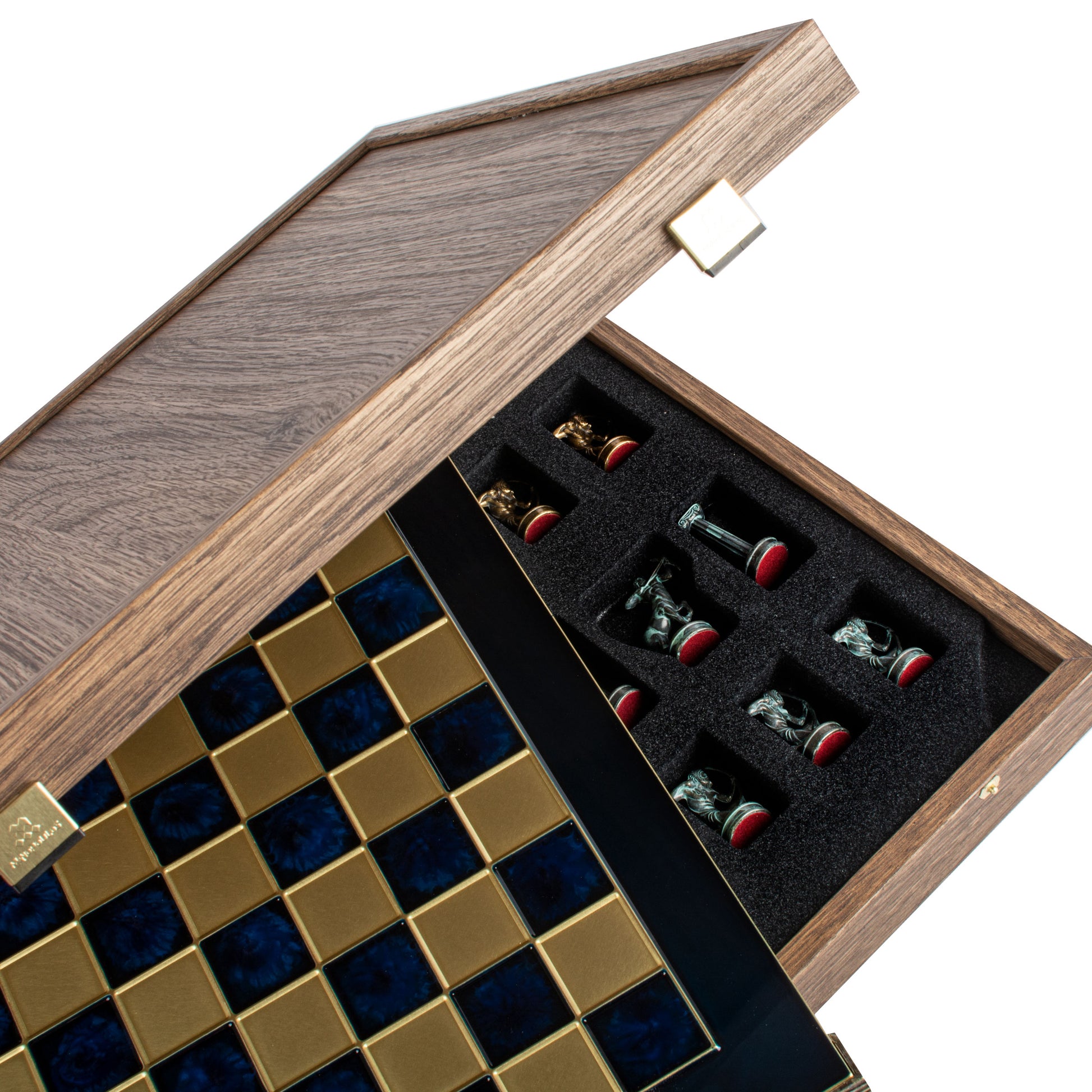 Handcrafted Labours of Hercules Chess Set - Blue & Brass Chessmen with Bronze Board (Medium) - Premium Chess from MANOPOULOS Chess & Backgammon - Just €222! Shop now at MANOPOULOS Chess & Backgammon