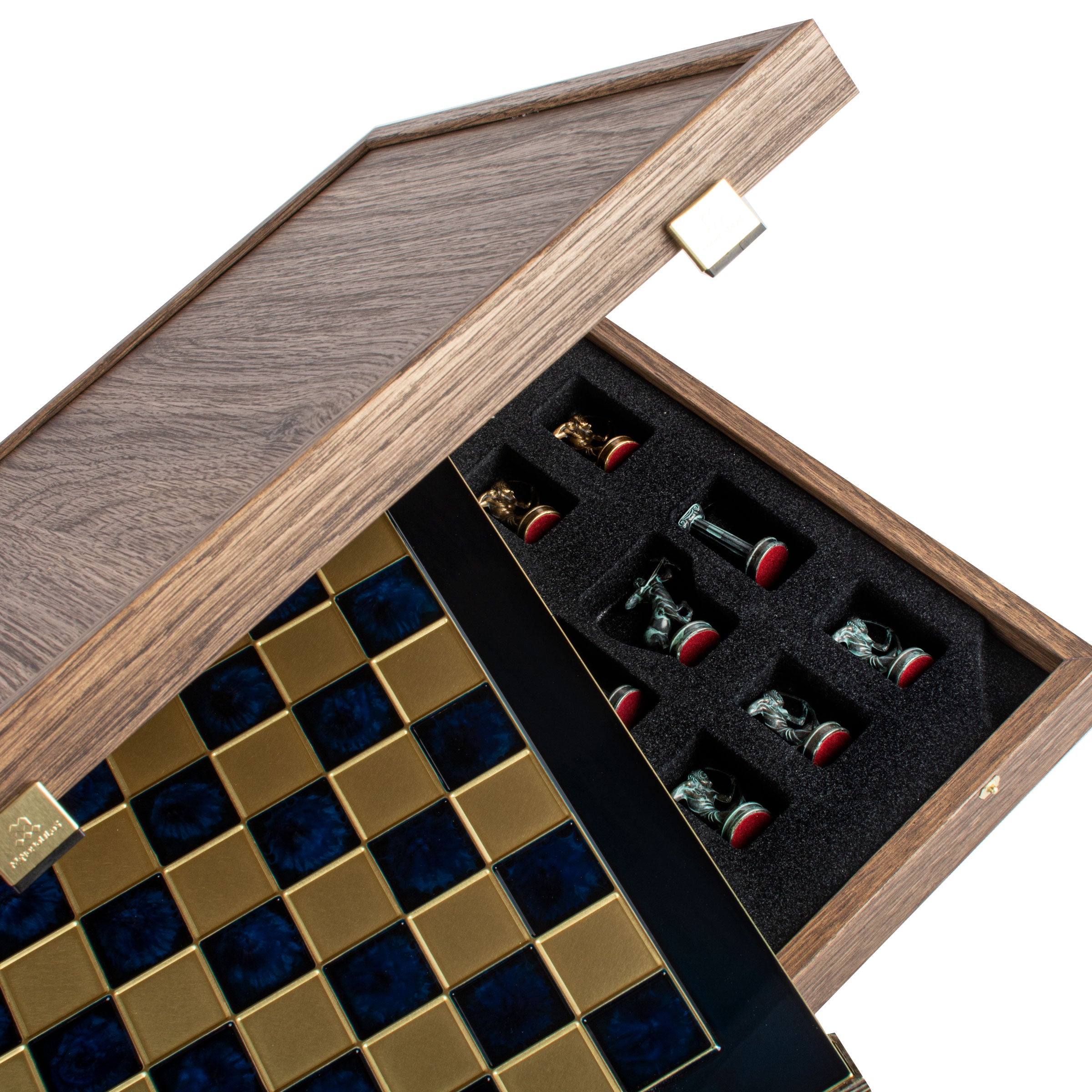 Handcrafted Labours of Hercules Chess Set - Blue & Brass Chessmen with Bronze Board (Medium) - Premium Chess from MANOPOULOS Chess & Backgammon - Just €222! Shop now at MANOPOULOS Chess & Backgammon