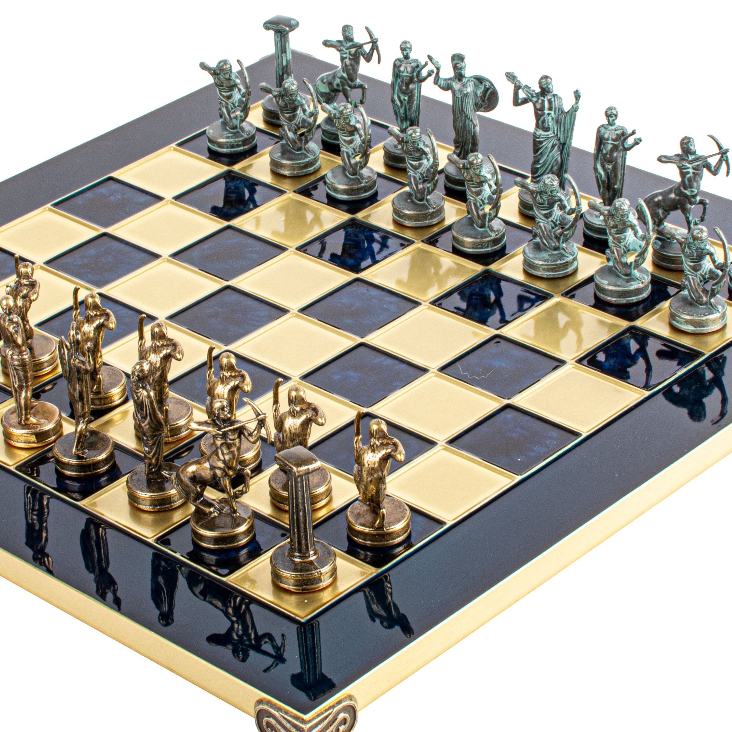 Handcrafted Labours of Hercules Chess Set - Blue & Brass Chessmen with Bronze Board (Medium) - Premium Chess from MANOPOULOS Chess & Backgammon - Just €222! Shop now at MANOPOULOS Chess & Backgammon
