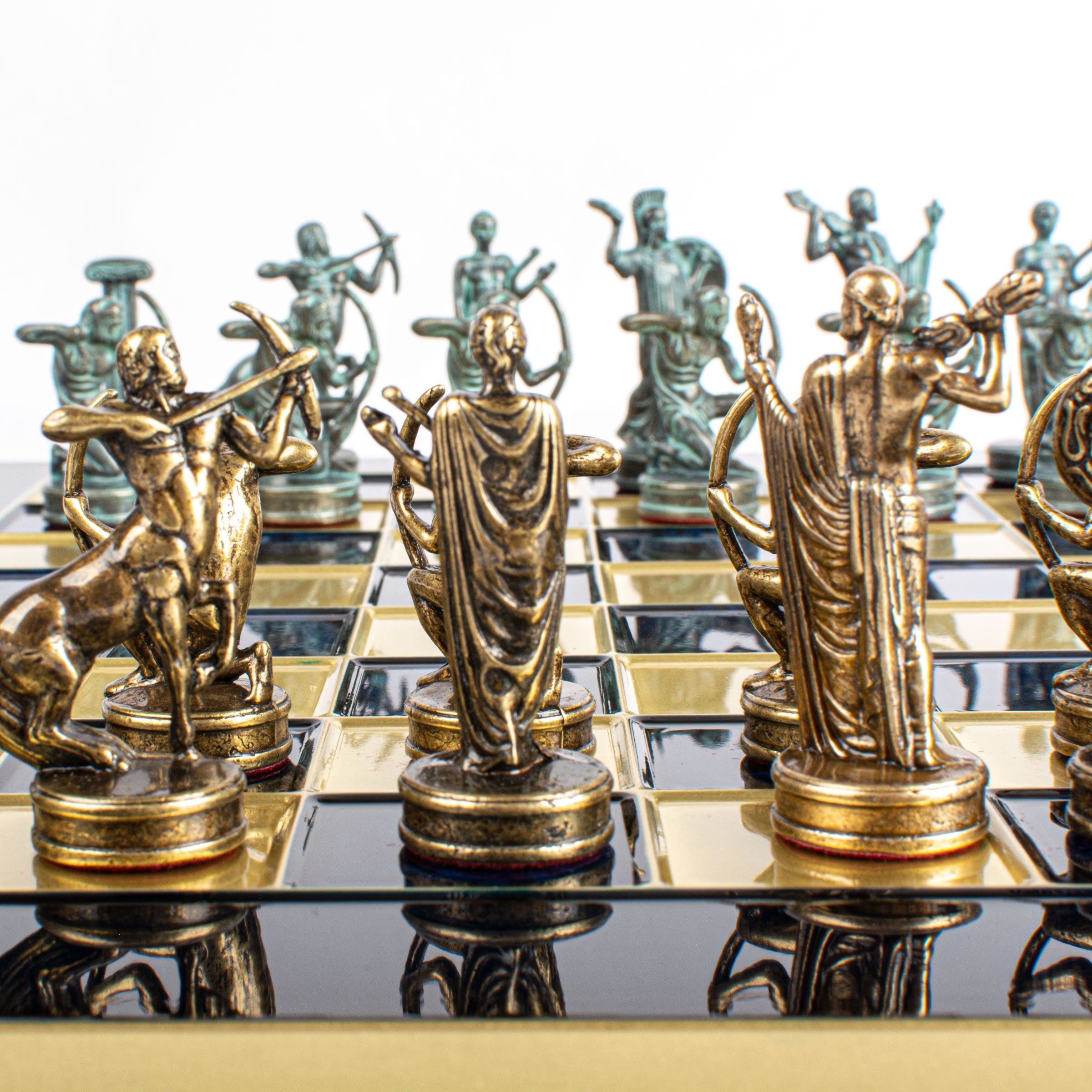 Handcrafted Labours of Hercules Chess Set - Blue & Brass Chessmen with Bronze Board (Medium) - Premium Chess from MANOPOULOS Chess & Backgammon - Just €222! Shop now at MANOPOULOS Chess & Backgammon