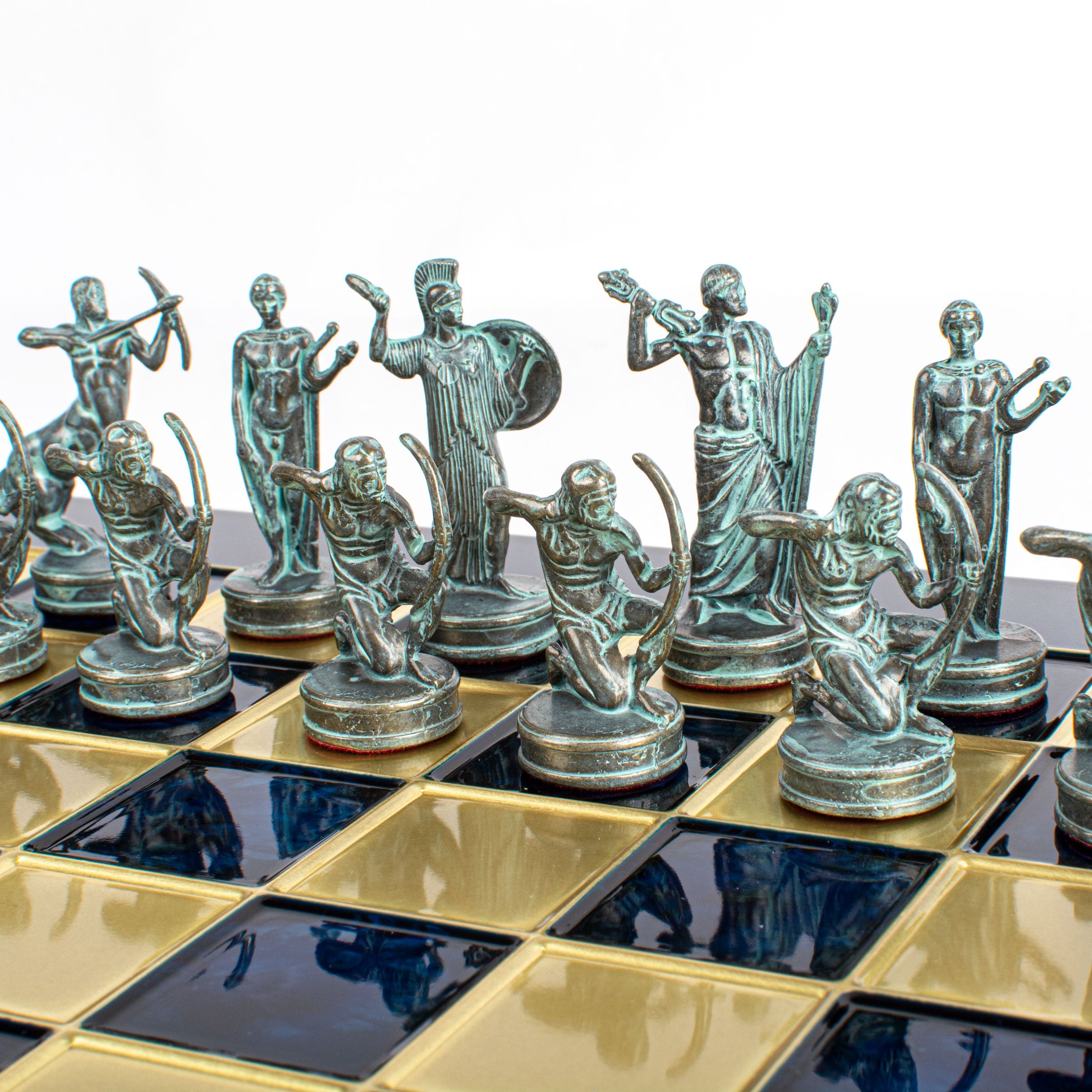 Handcrafted Labours of Hercules Chess Set - Blue & Brass Chessmen with Bronze Board (Medium) - Premium Chess from MANOPOULOS Chess & Backgammon - Just €222! Shop now at MANOPOULOS Chess & Backgammon