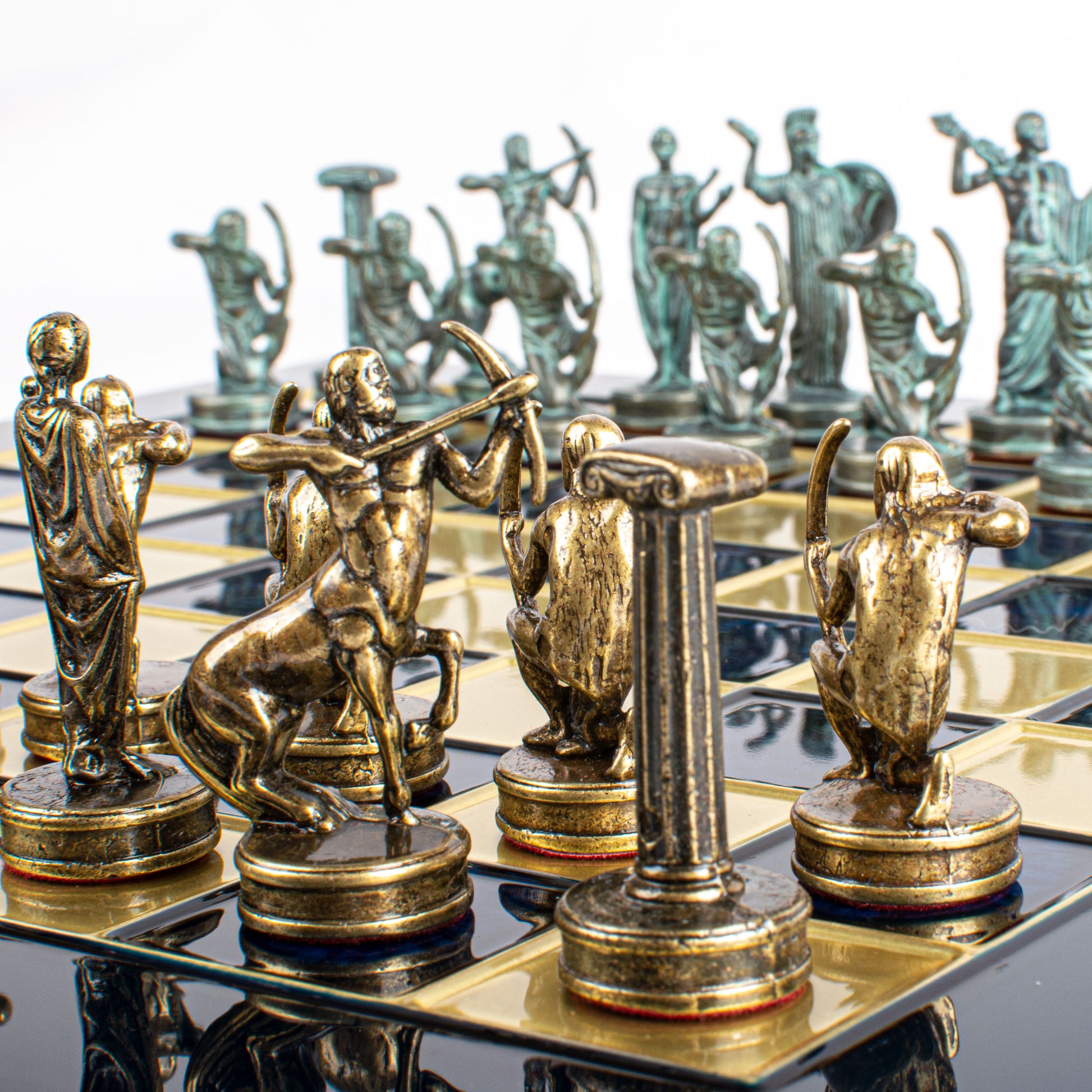 Handcrafted Labours of Hercules Chess Set - Blue & Brass Chessmen with Bronze Board (Medium) - Premium Chess from MANOPOULOS Chess & Backgammon - Just €222! Shop now at MANOPOULOS Chess & Backgammon