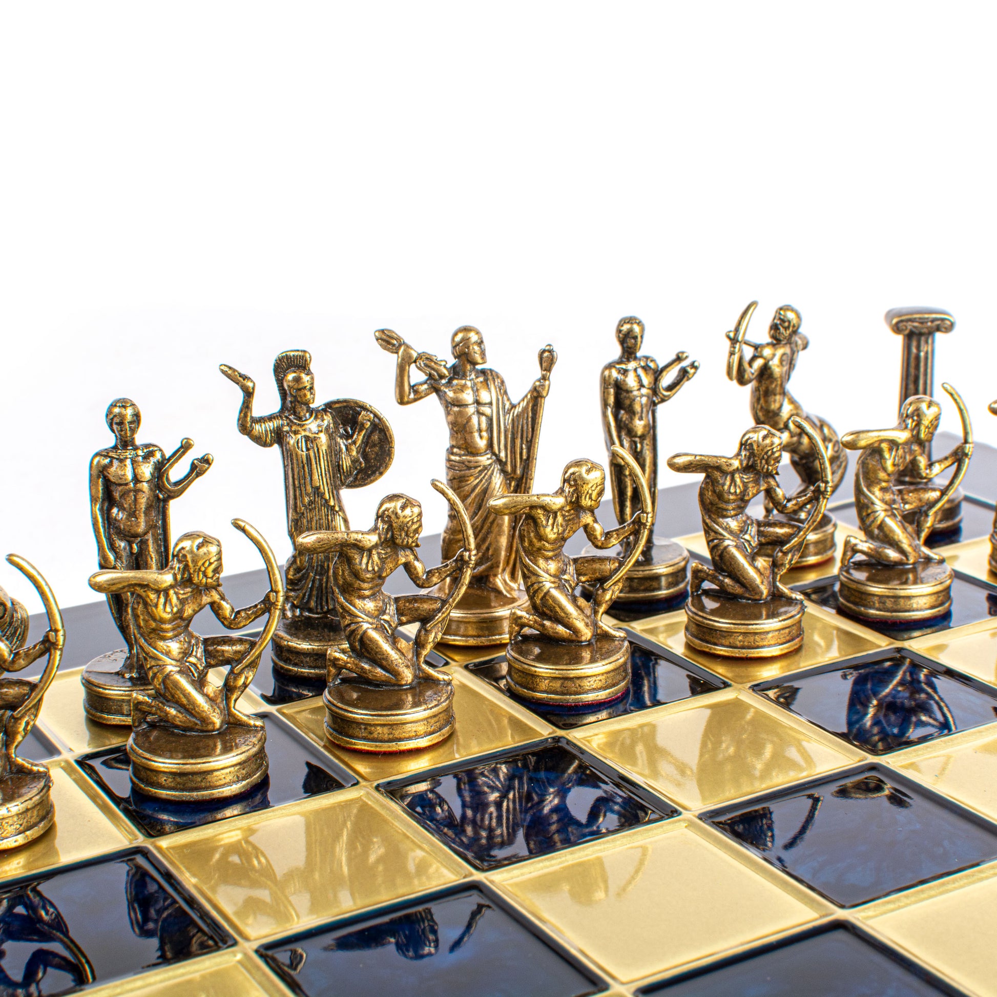 Handcrafted Labours of Hercules Chess Set - Blue & Brass Chessmen with Bronze Board (Medium) - Premium Chess from MANOPOULOS Chess & Backgammon - Just €222! Shop now at MANOPOULOS Chess & Backgammon