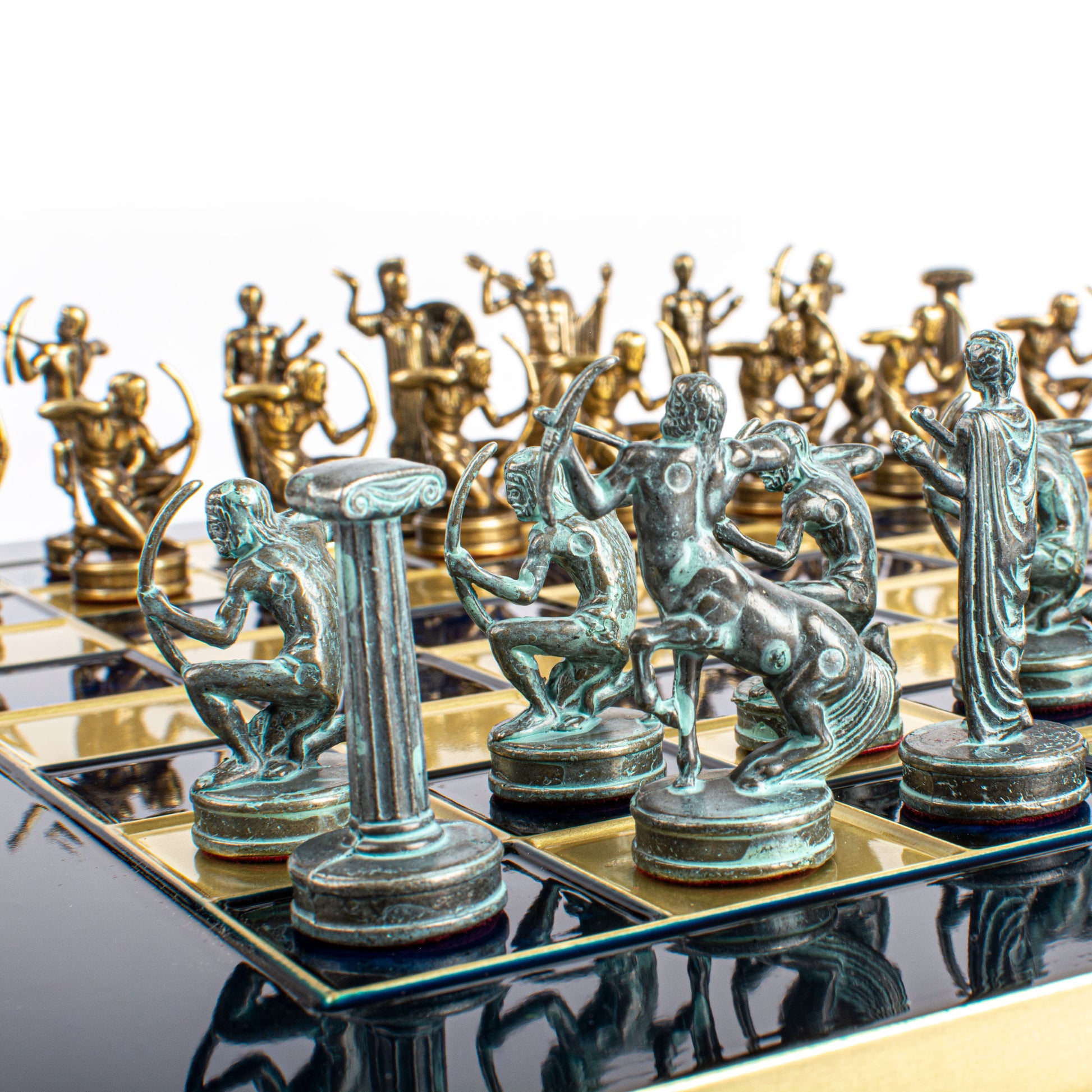 Handcrafted Labours of Hercules Chess Set - Blue & Brass Chessmen with Bronze Board (Medium) - Premium Chess from MANOPOULOS Chess & Backgammon - Just €222! Shop now at MANOPOULOS Chess & Backgammon