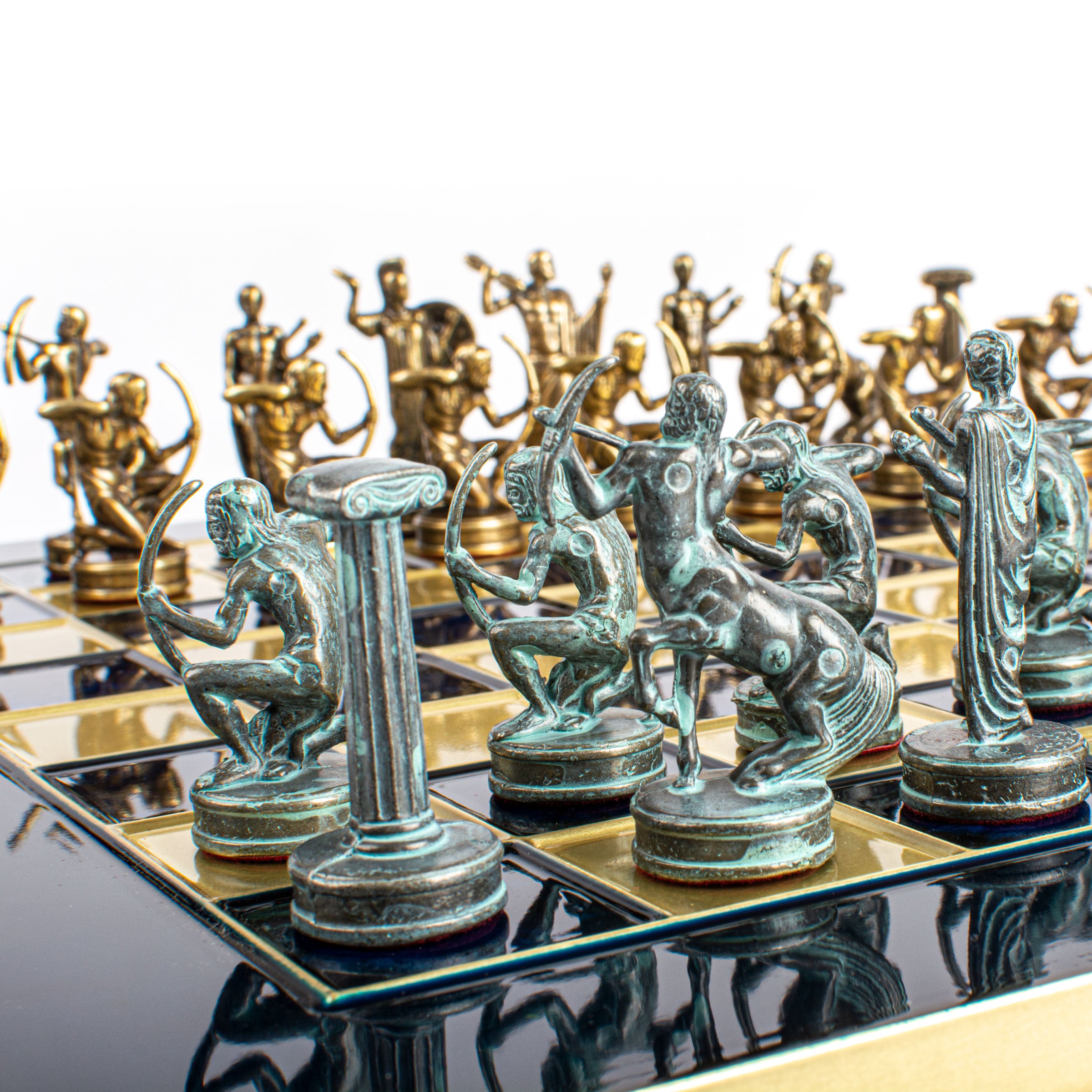 Handcrafted Labours of Hercules Chess Set - Blue & Brass Chessmen with Bronze Board (Medium) - Premium Chess from MANOPOULOS Chess & Backgammon - Just €222! Shop now at MANOPOULOS Chess & Backgammon
