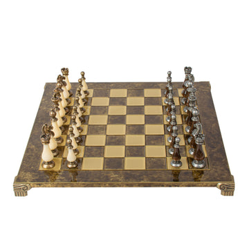 Handcrafted Classic Metal Staunton Chess Set with Pearl Elements,Brown & Ivory (Large) by MANOPOULOS Chess & Backgammon displayed on a luxury artisan board, showcasing Greek craftsmanship and timeless design.