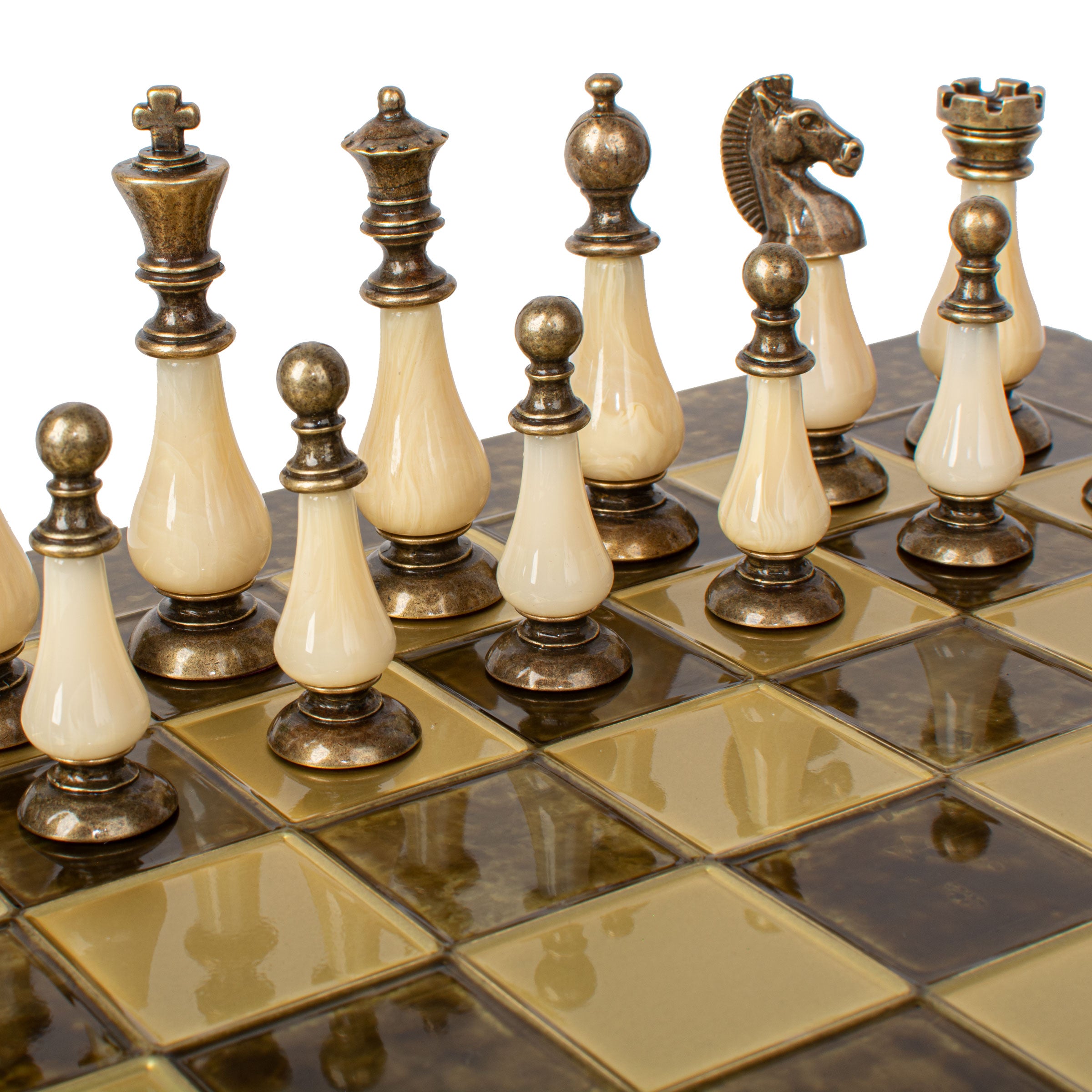 Handcrafted Classic Metal Staunton Chess Set with Pearl Elements,Brown & Ivory (Large) - Premium Chess from MANOPOULOS Chess & Backgammon - Just €417! Shop now at MANOPOULOS Chess & Backgammon