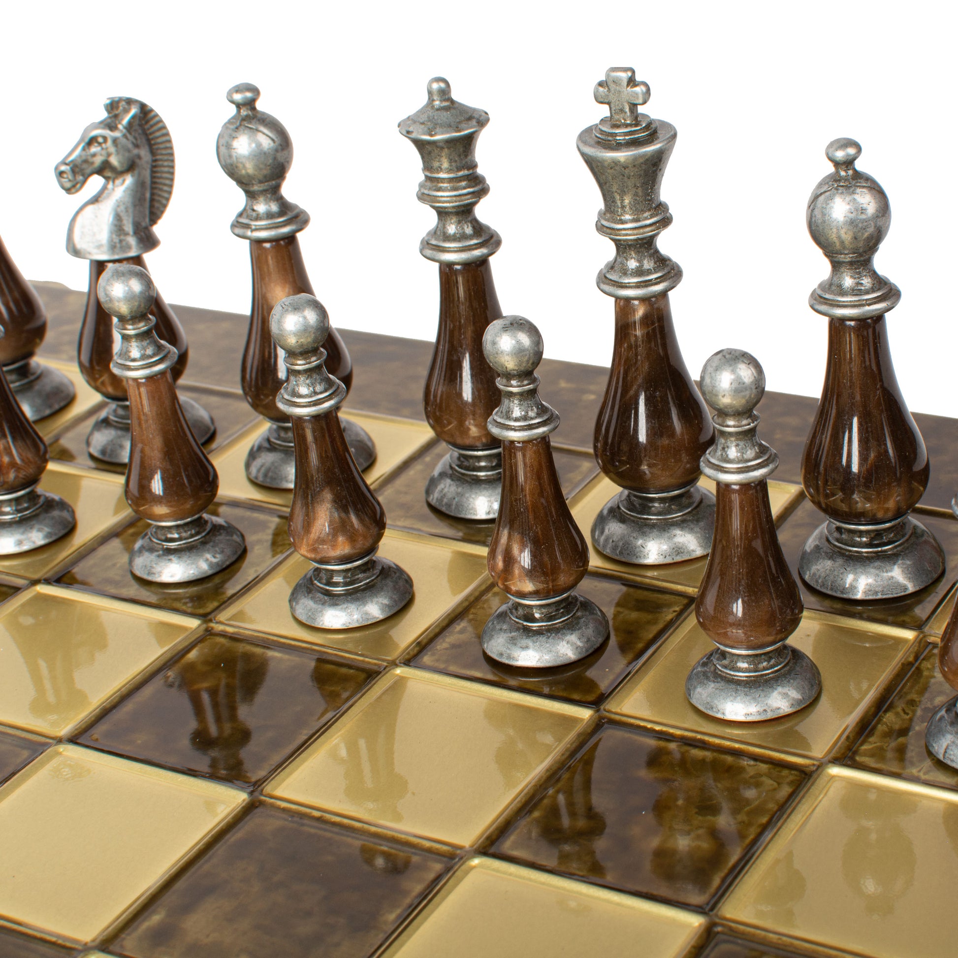 Handcrafted Classic Metal Staunton Chess Set with Pearl Elements,Brown & Ivory (Large) - Premium Chess from MANOPOULOS Chess & Backgammon - Just €417! Shop now at MANOPOULOS Chess & Backgammon