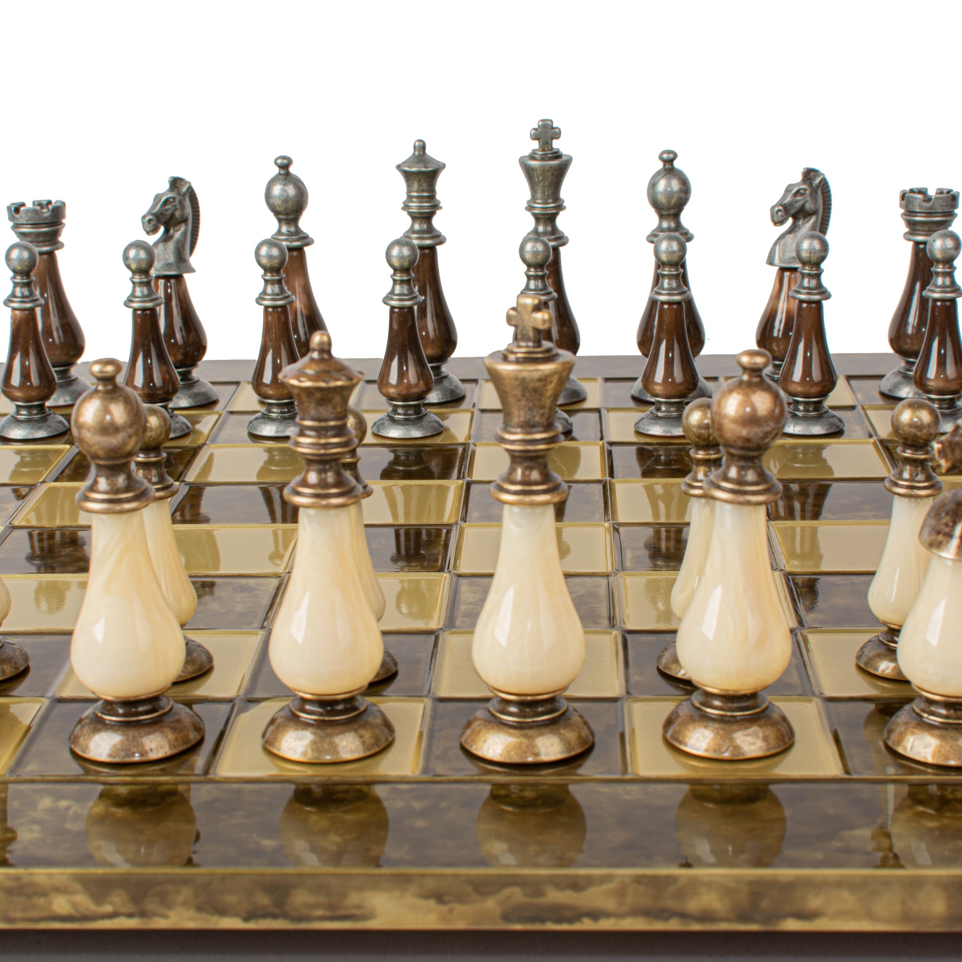 Handcrafted Classic Metal Staunton Chess Set with Pearl Elements,Brown & Ivory (Large) - Premium Chess from MANOPOULOS Chess & Backgammon - Just €417! Shop now at MANOPOULOS Chess & Backgammon