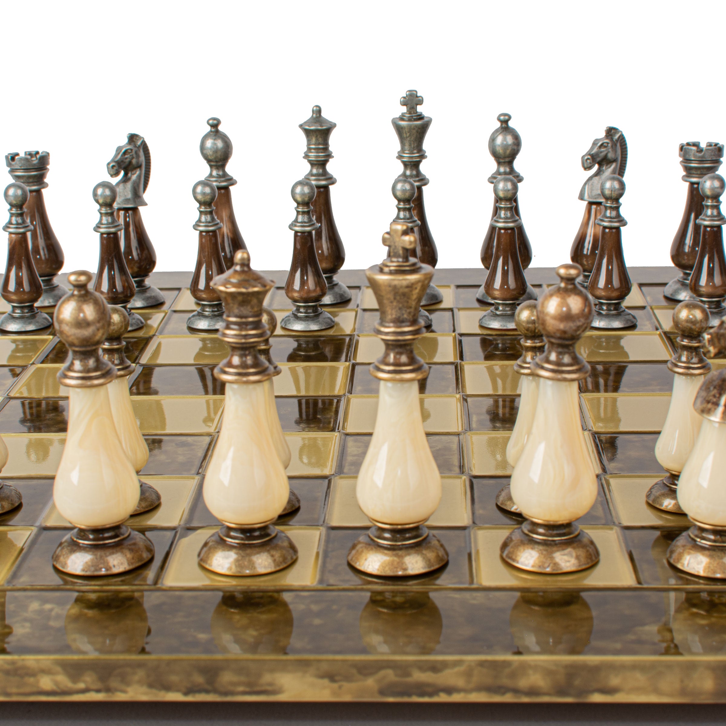 Handcrafted Classic Metal Staunton Chess Set with Pearl Elements,Brown & Ivory (Large) - Premium Chess from MANOPOULOS Chess & Backgammon - Just €417! Shop now at MANOPOULOS Chess & Backgammon