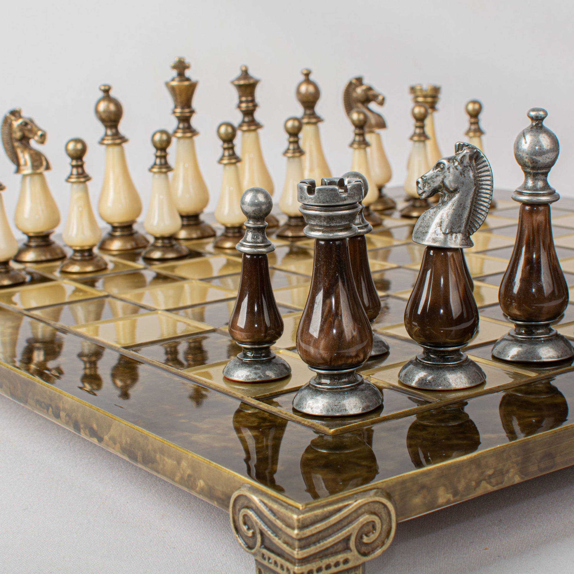 Handcrafted Classic Metal Staunton Chess Set with Pearl Elements,Brown & Ivory (Large) - Premium Chess from MANOPOULOS Chess & Backgammon - Just €417! Shop now at MANOPOULOS Chess & Backgammon