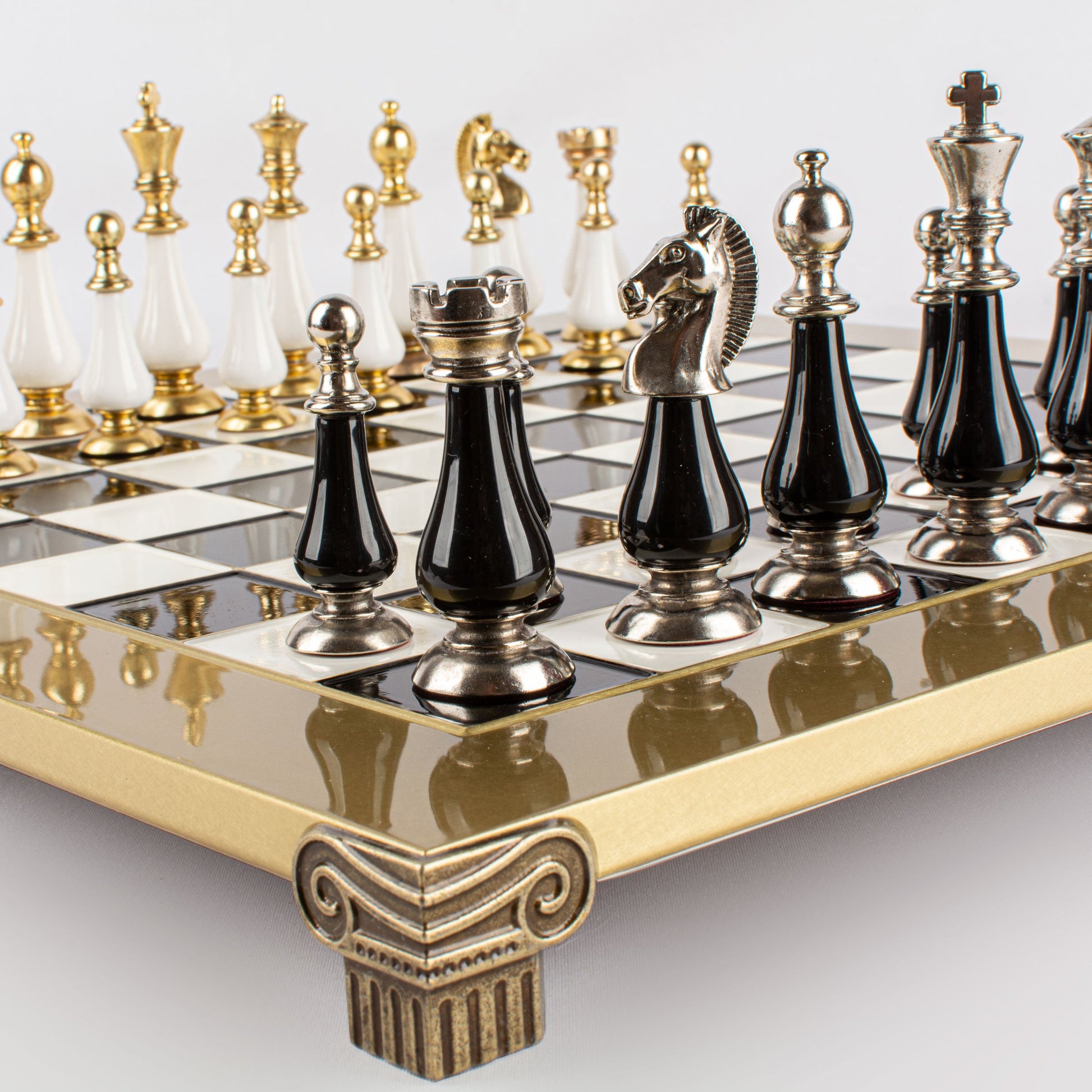 Handcrafted Chess Set, Brass and Pewter finish Chessmen with Black and ivory Pearl Elements (Large) - Premium Chess from MANOPOULOS Chess & Backgammon - Just €210! Shop now at MANOPOULOS Chess & Backgammon
